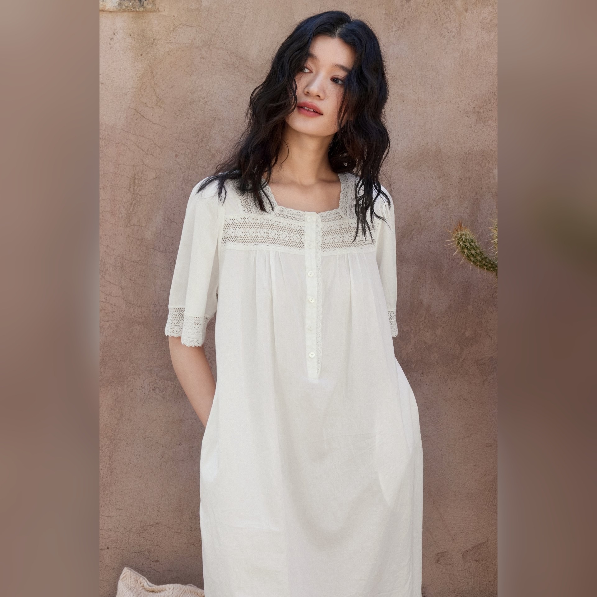 TALASA 100% Cotton Short Sleeve Lace Trim Nightgown