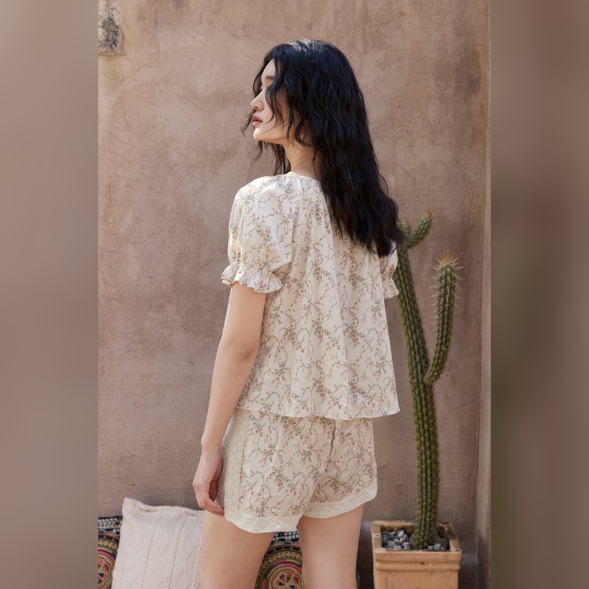TALASA 100% Cotton Floral Print Lace Trim Lounge Shorts