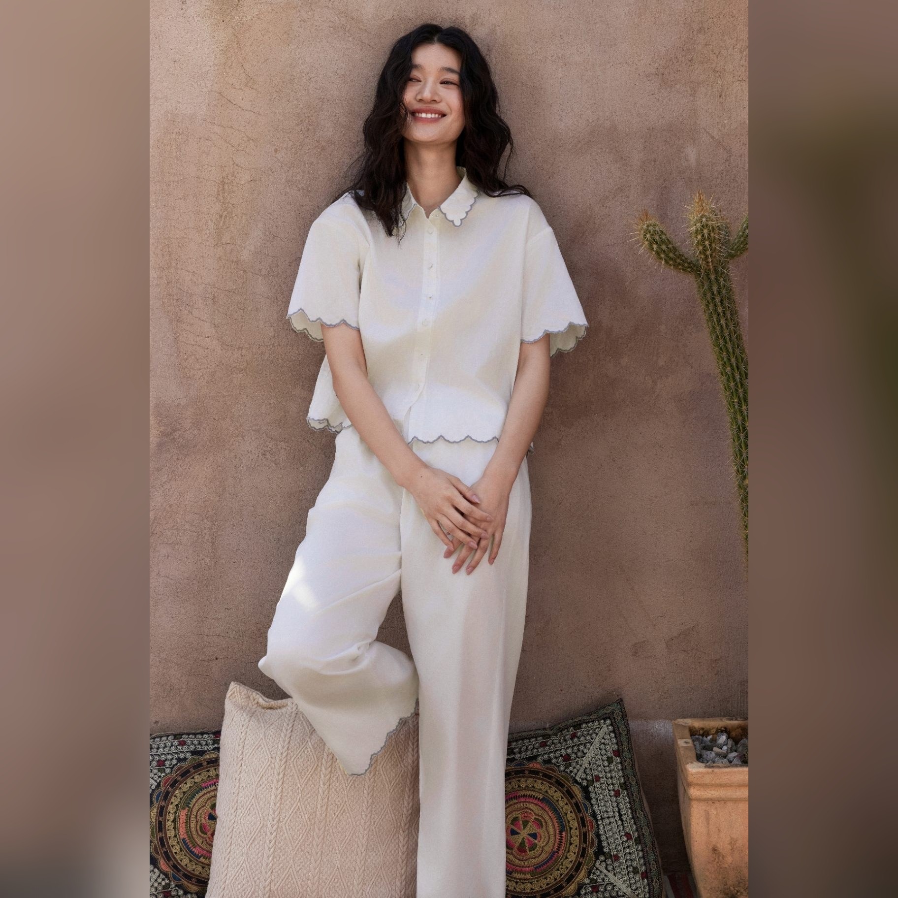 TALASA 100% Cotton Lace Trim Wide Leg Lounge Pants