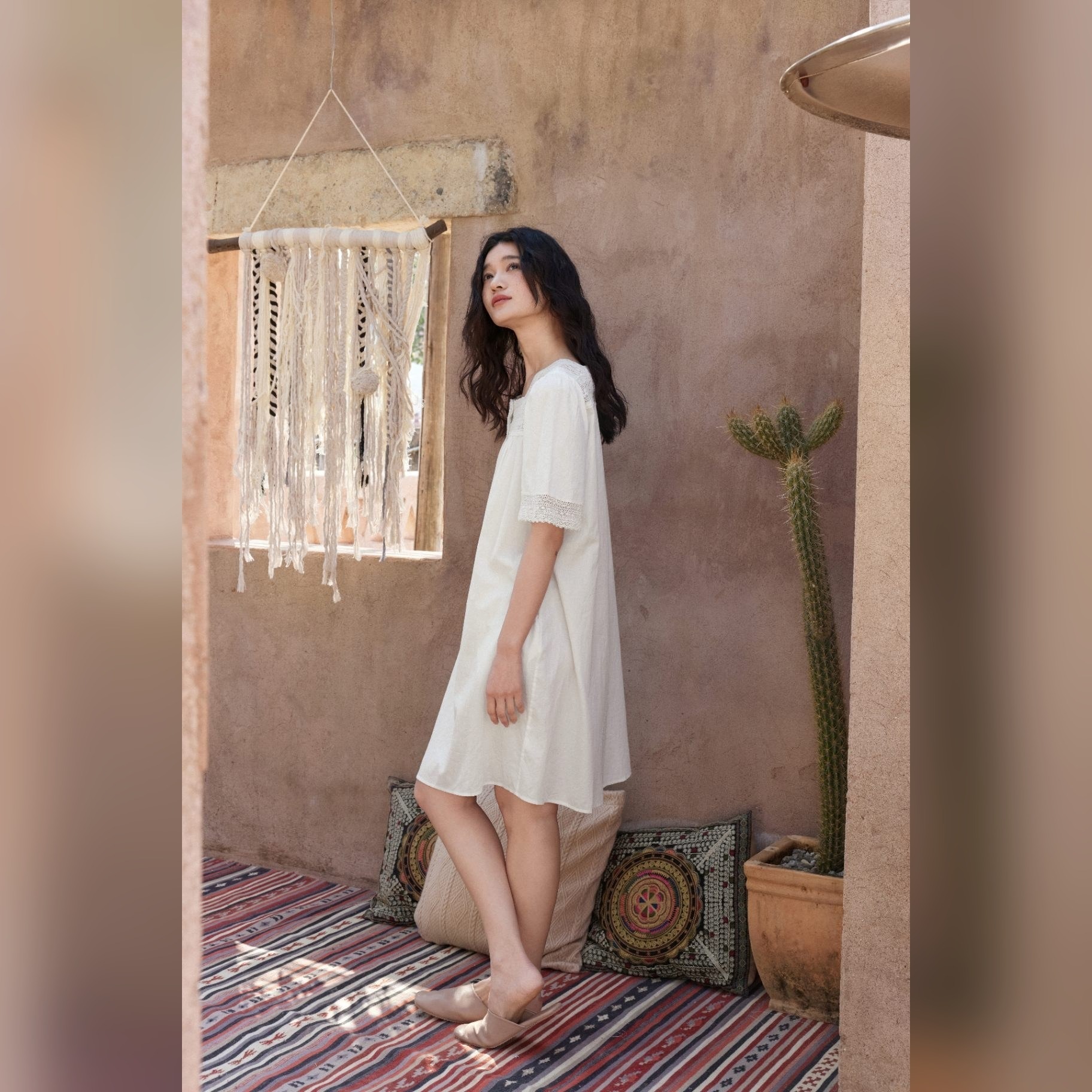 TALASA 100% Cotton Short Sleeve Lace Trim Nightgown