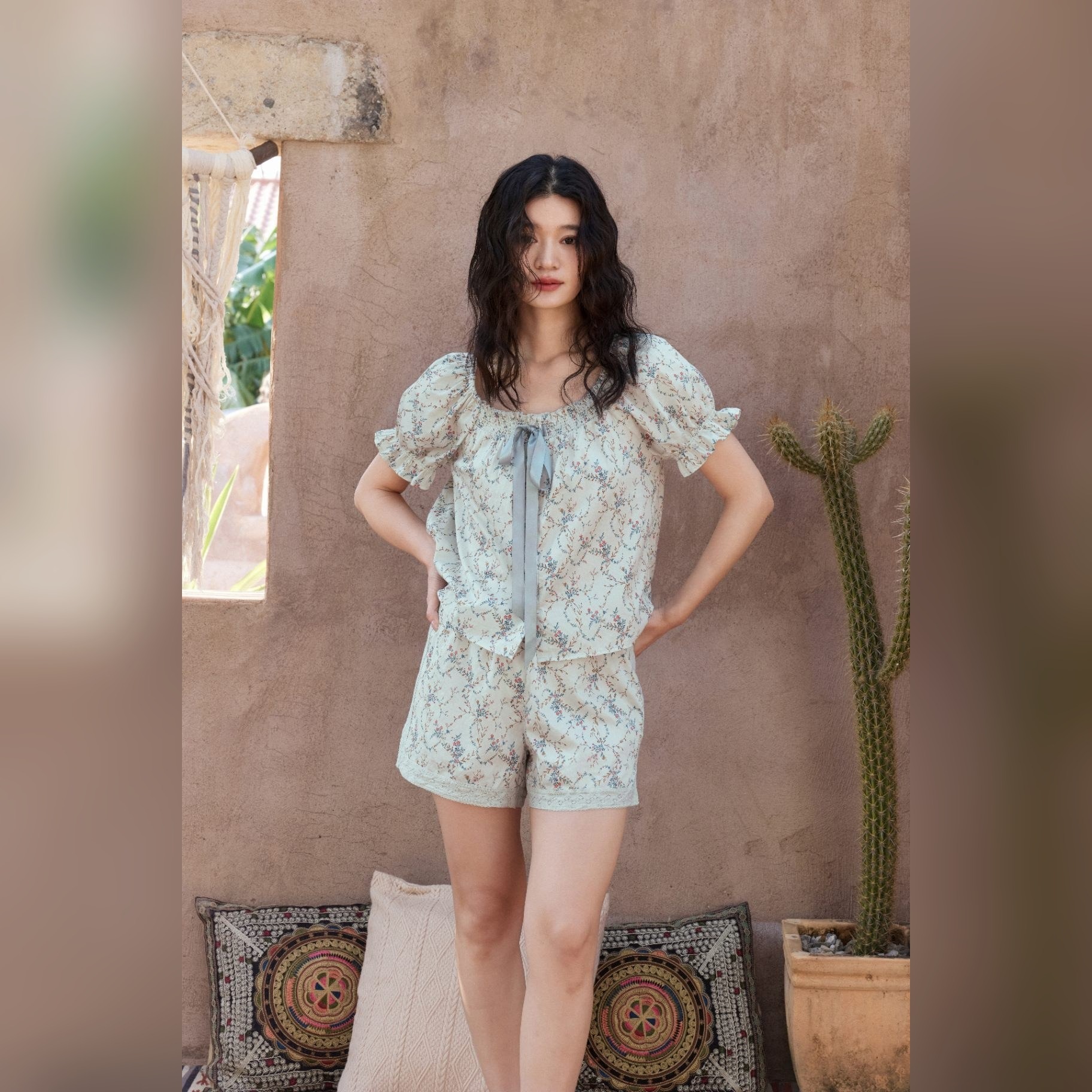 TALASA 100% Cotton Floral Print Lace Trim Lounge Shorts