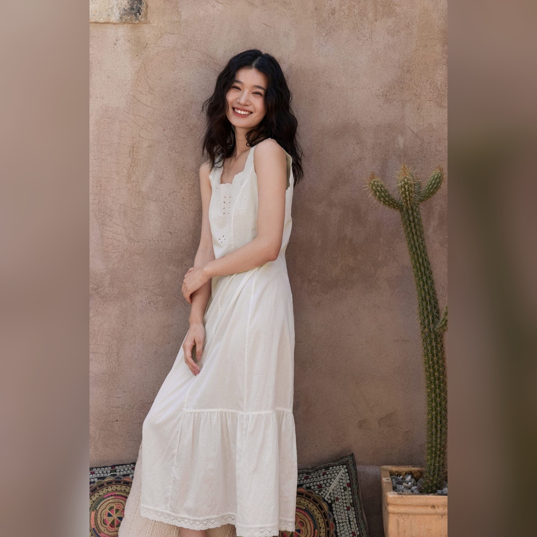 TALASA 100% Cotton Spaghetti Strap Embroidered Nightgown