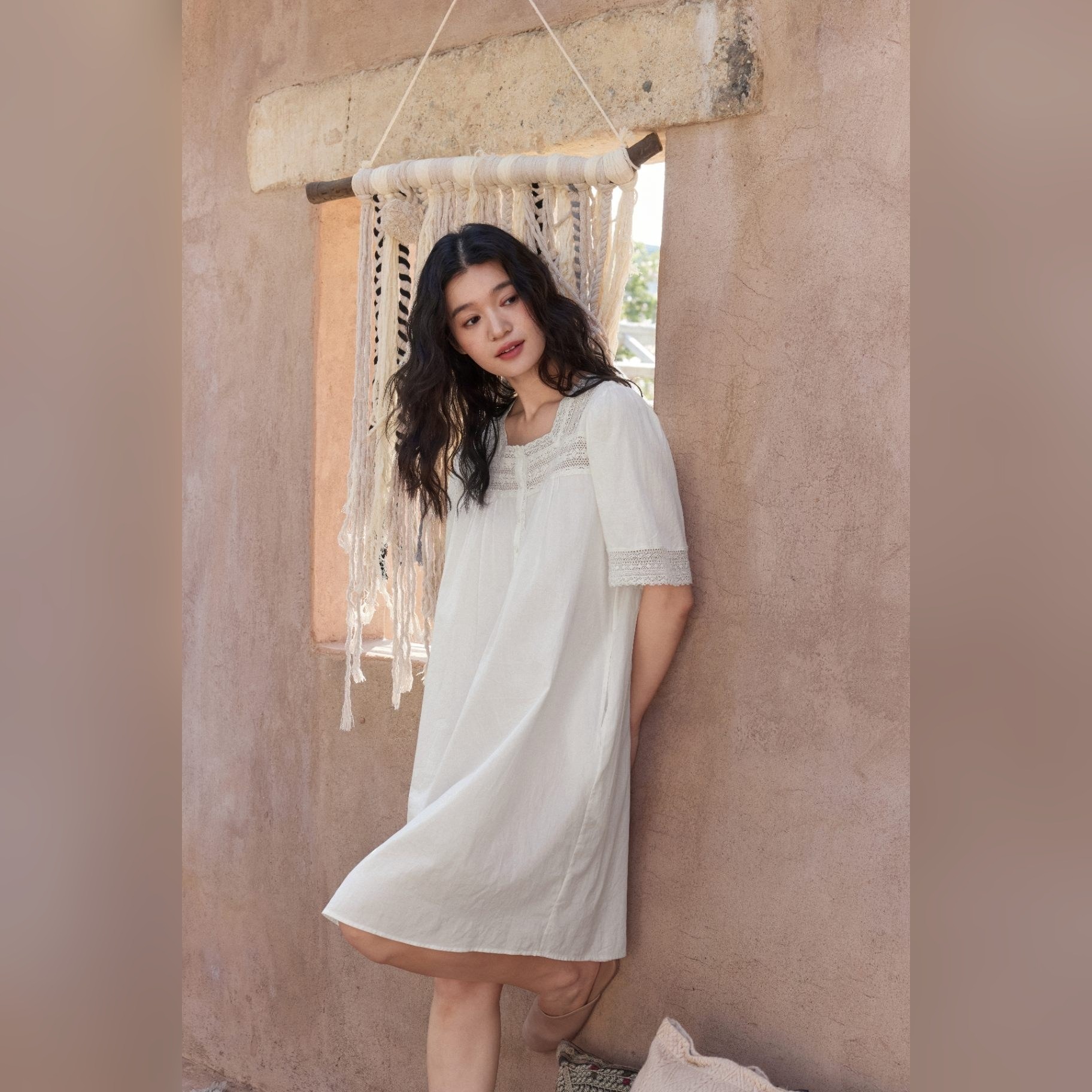 TALASA 100% Cotton Short Sleeve Lace Trim Nightgown