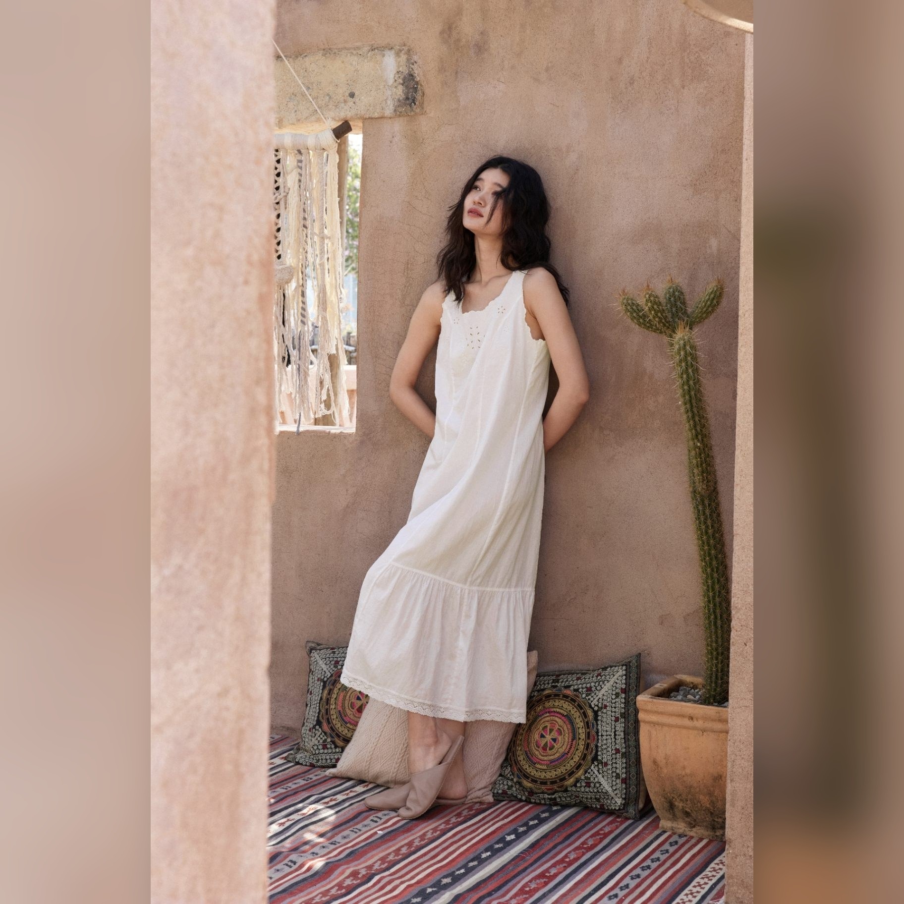 TALASA 100% Cotton Spaghetti Strap Embroidered Nightgown