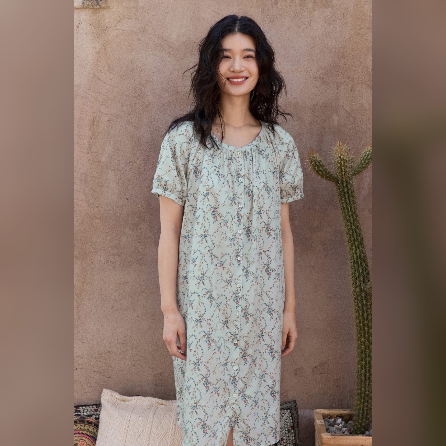 TALASA 100% Cotton Floral Print Short Sleeve Nightdress