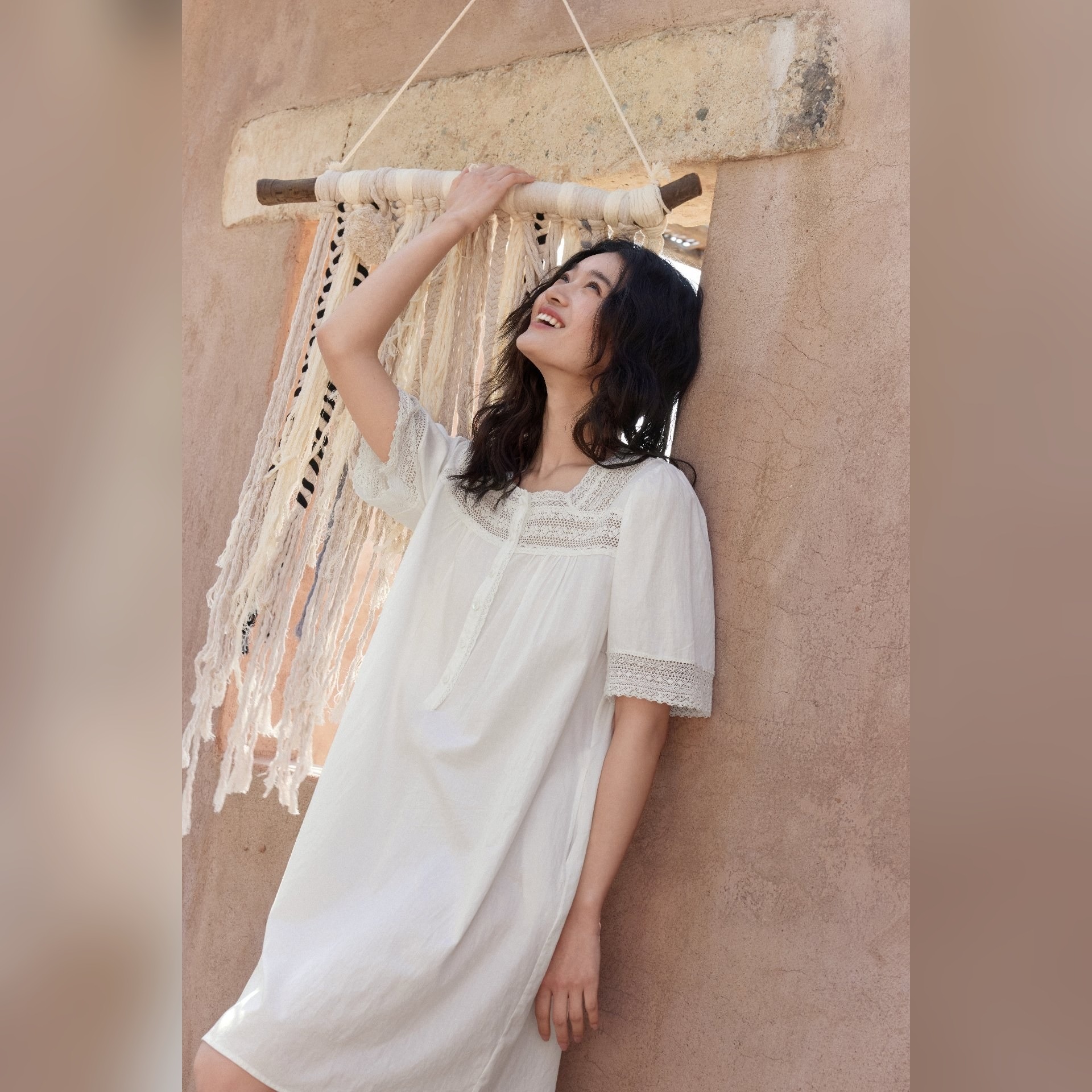 TALASA 100% Cotton Short Sleeve Lace Trim Nightgown