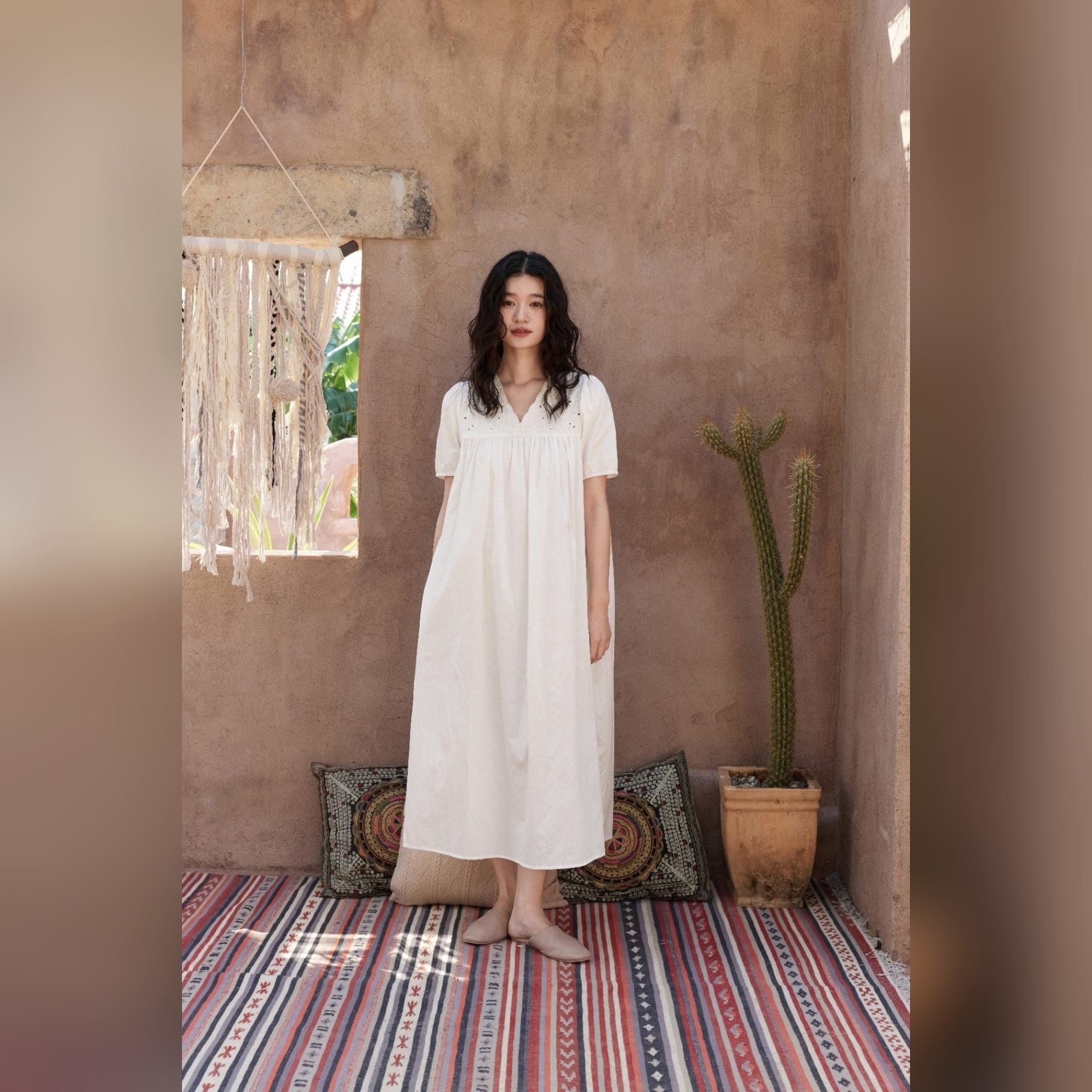 TALASA 100% Cotton Embroidered Short Sleeve Nightgown