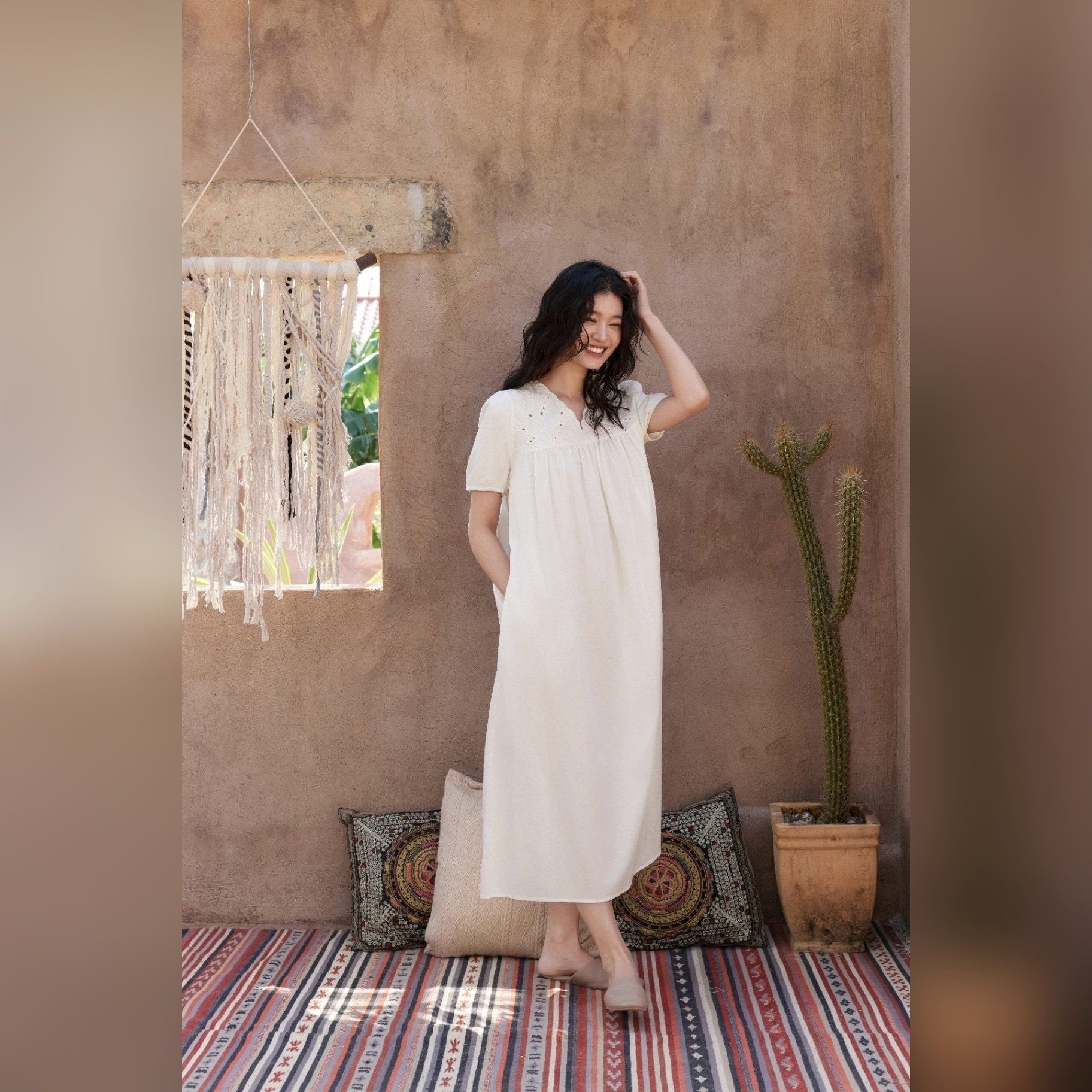 TALASA 100% Cotton Embroidered Short Sleeve Nightgown