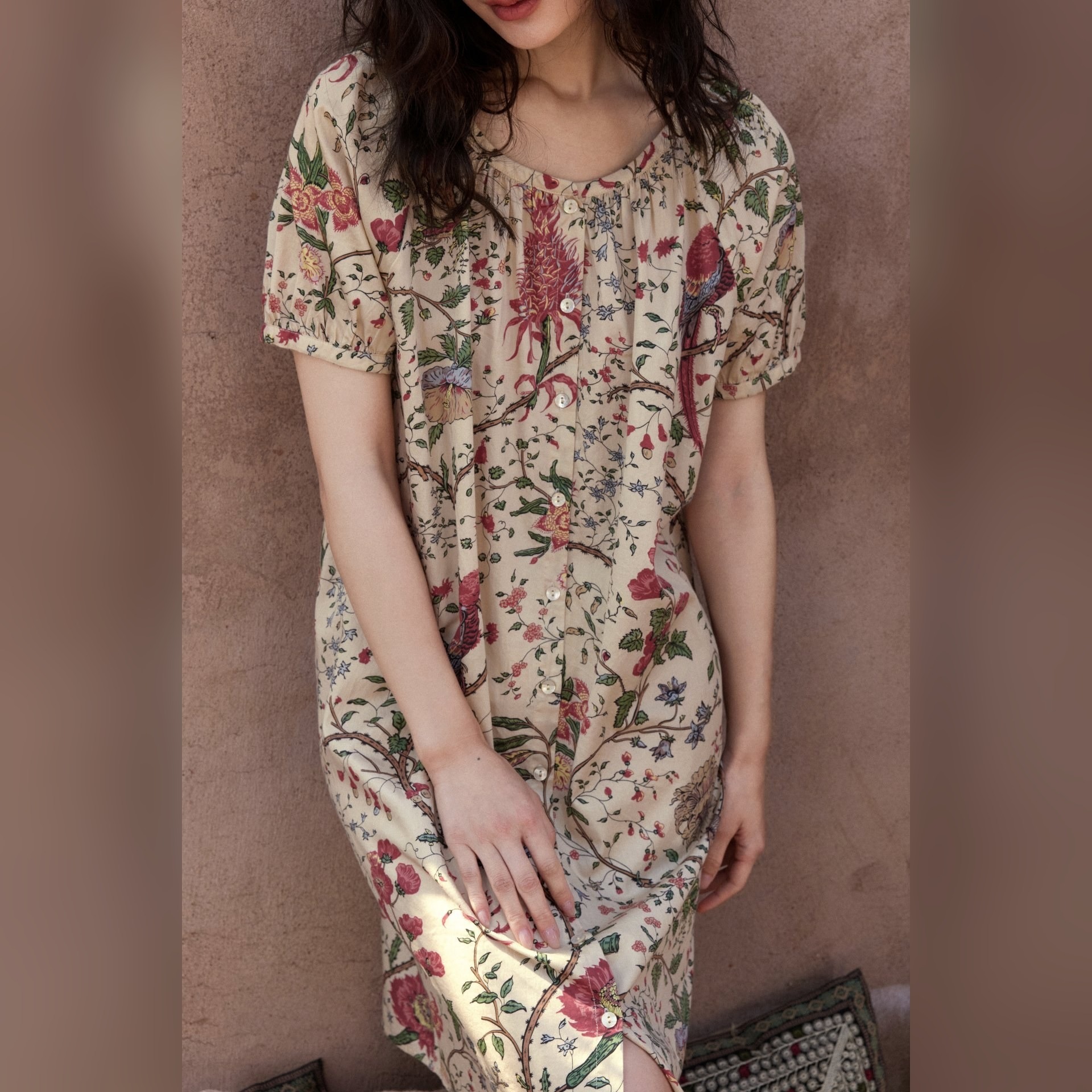 TALASA 100% Cotton Floral Print Short Sleeve Nightdress