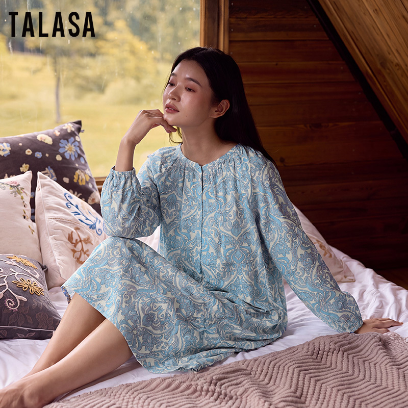 TALASA Pure Cotton Nightgown, Romantic French Countryside Floral Print