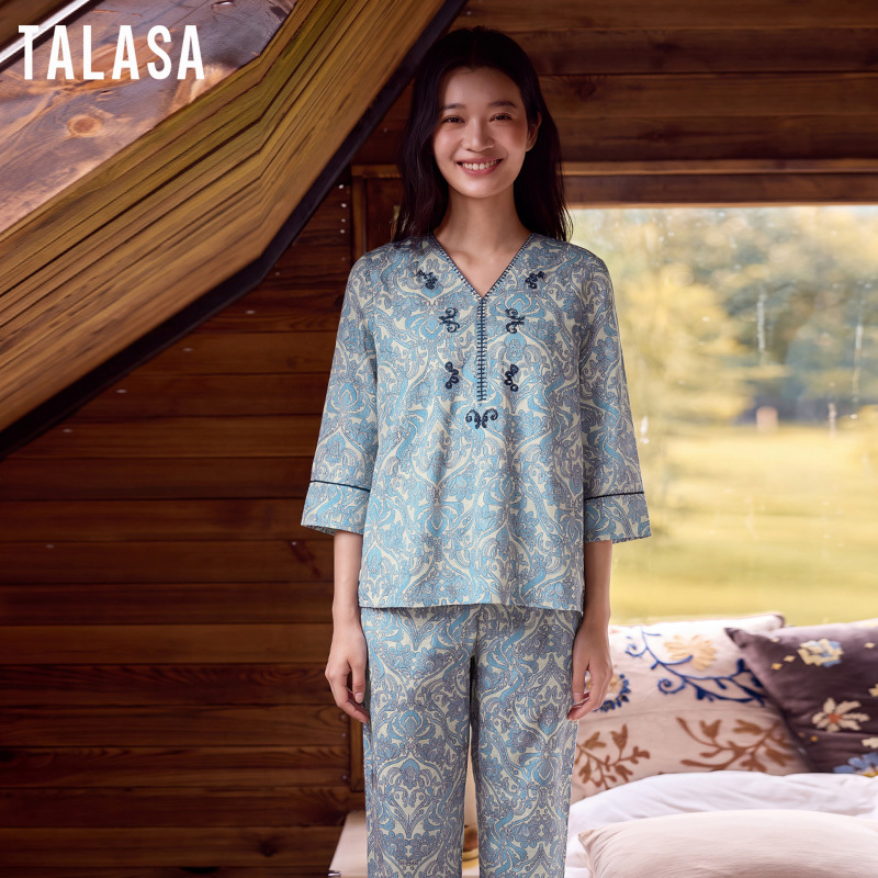 TALASA 100% Cotton Sleep Tee, Green-Blue Paisley Print with Embroidery