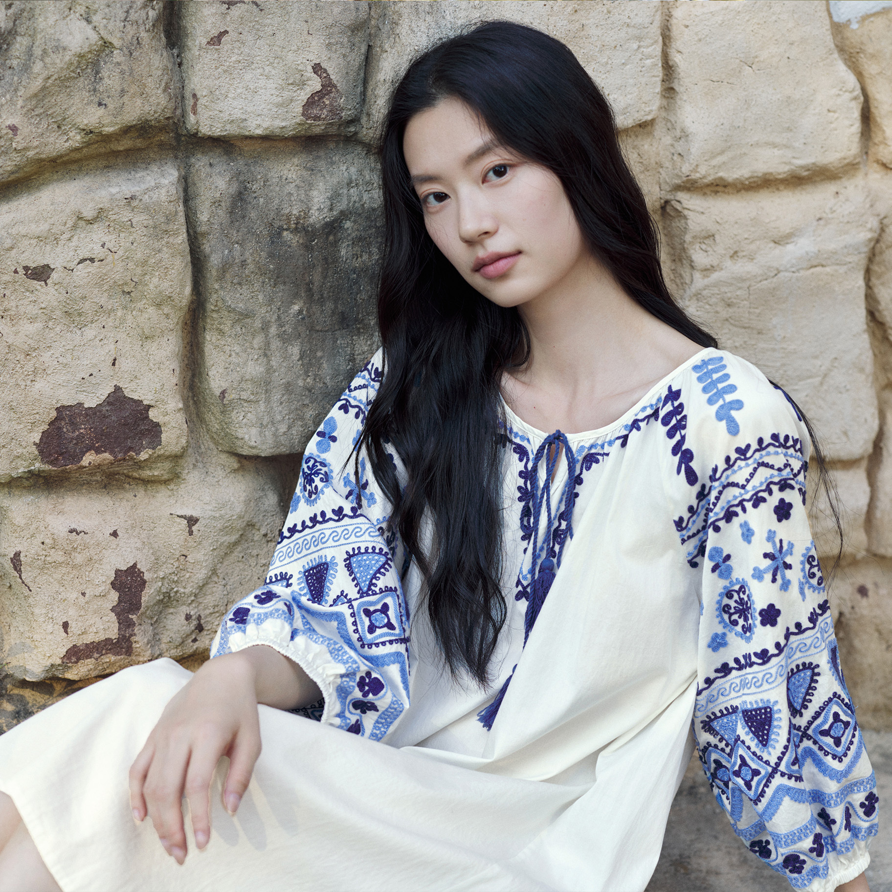 TALASA Folk Embroidered Cotton Nightgown · Tassel Tie · Blouson Sleeve · Knee Length