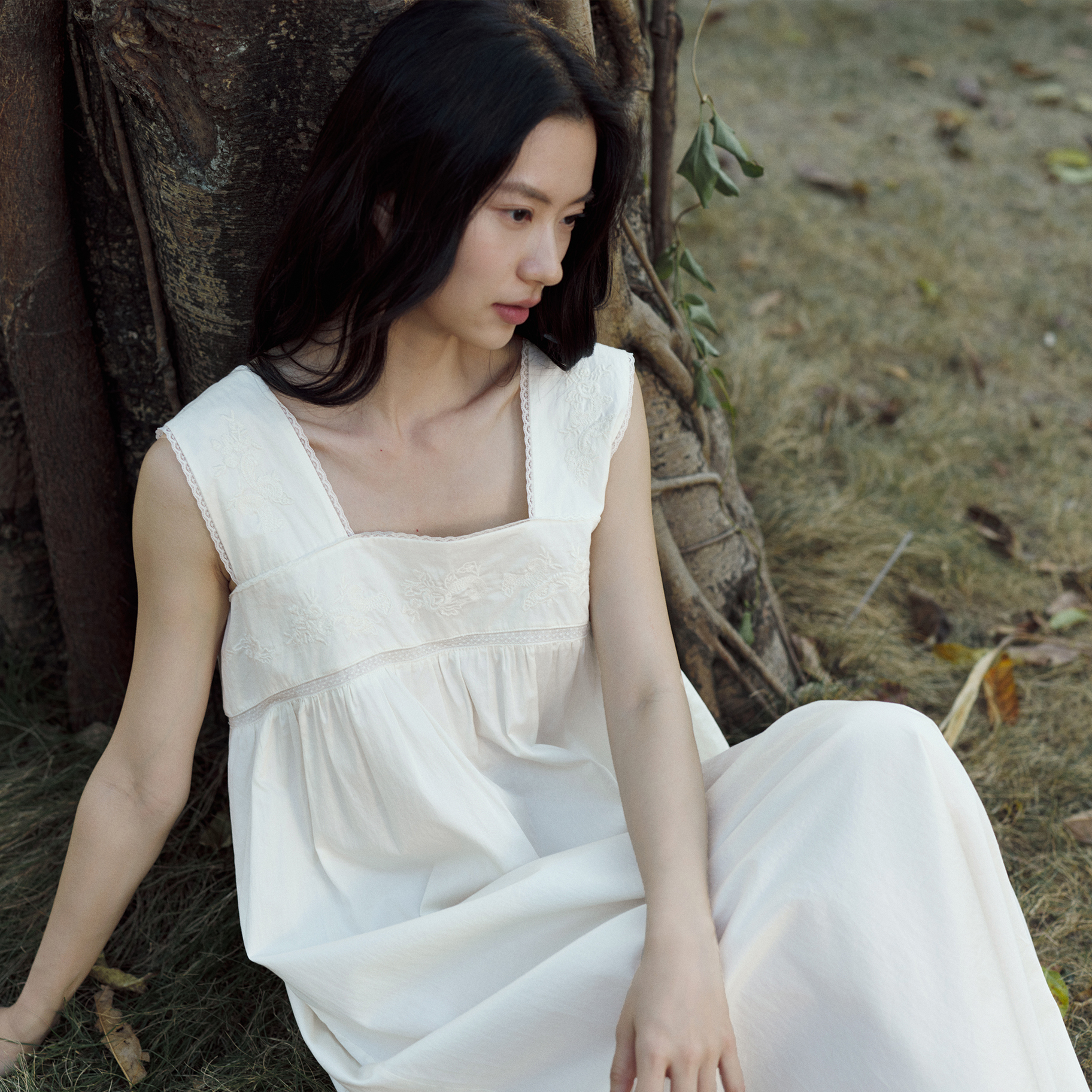 TALASA Square Neck Lace Yoke Cotton Nightdress · Soft White · Ankle Length