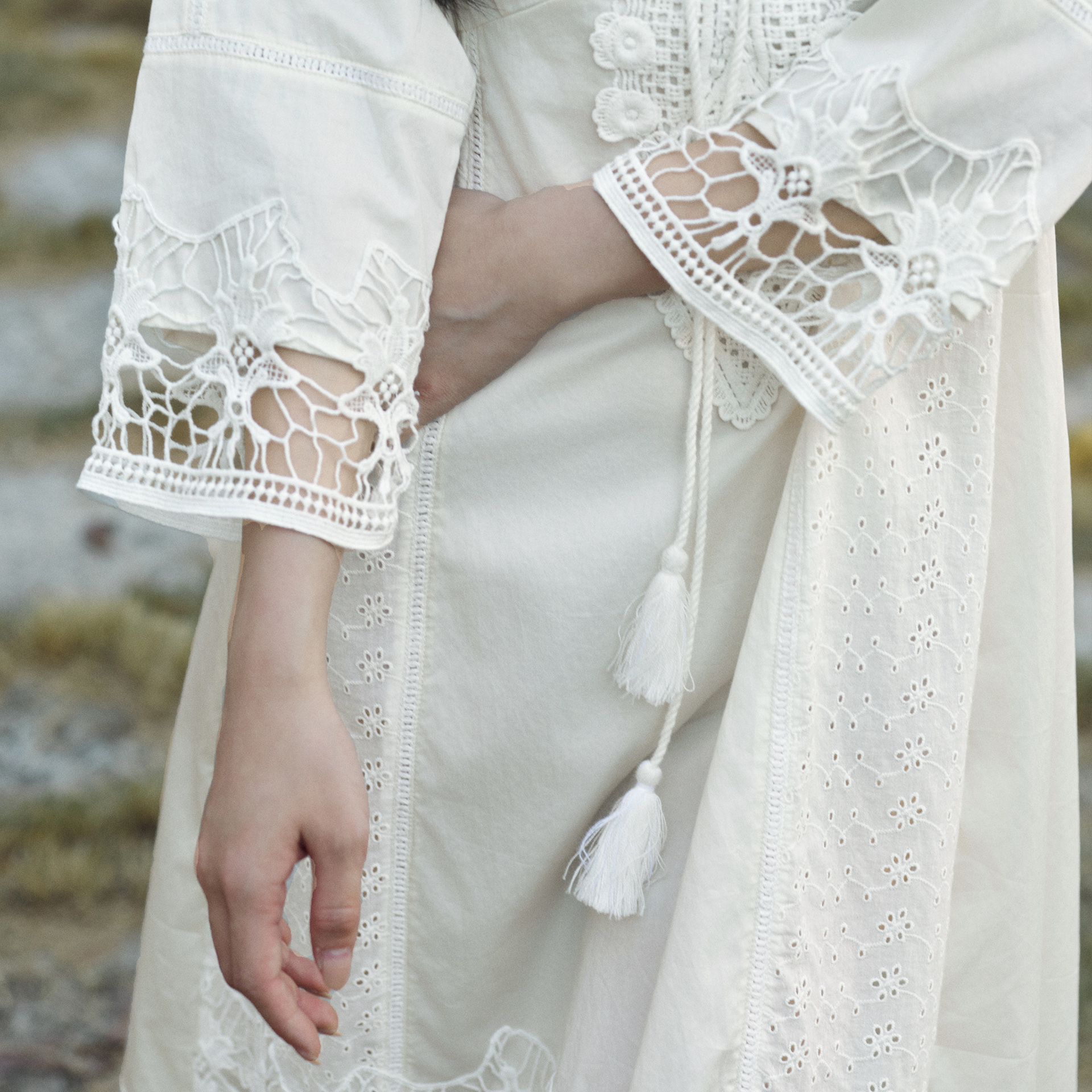 TALASA Cotton Caftan · Lace-Up V Neck · Openwork Lace