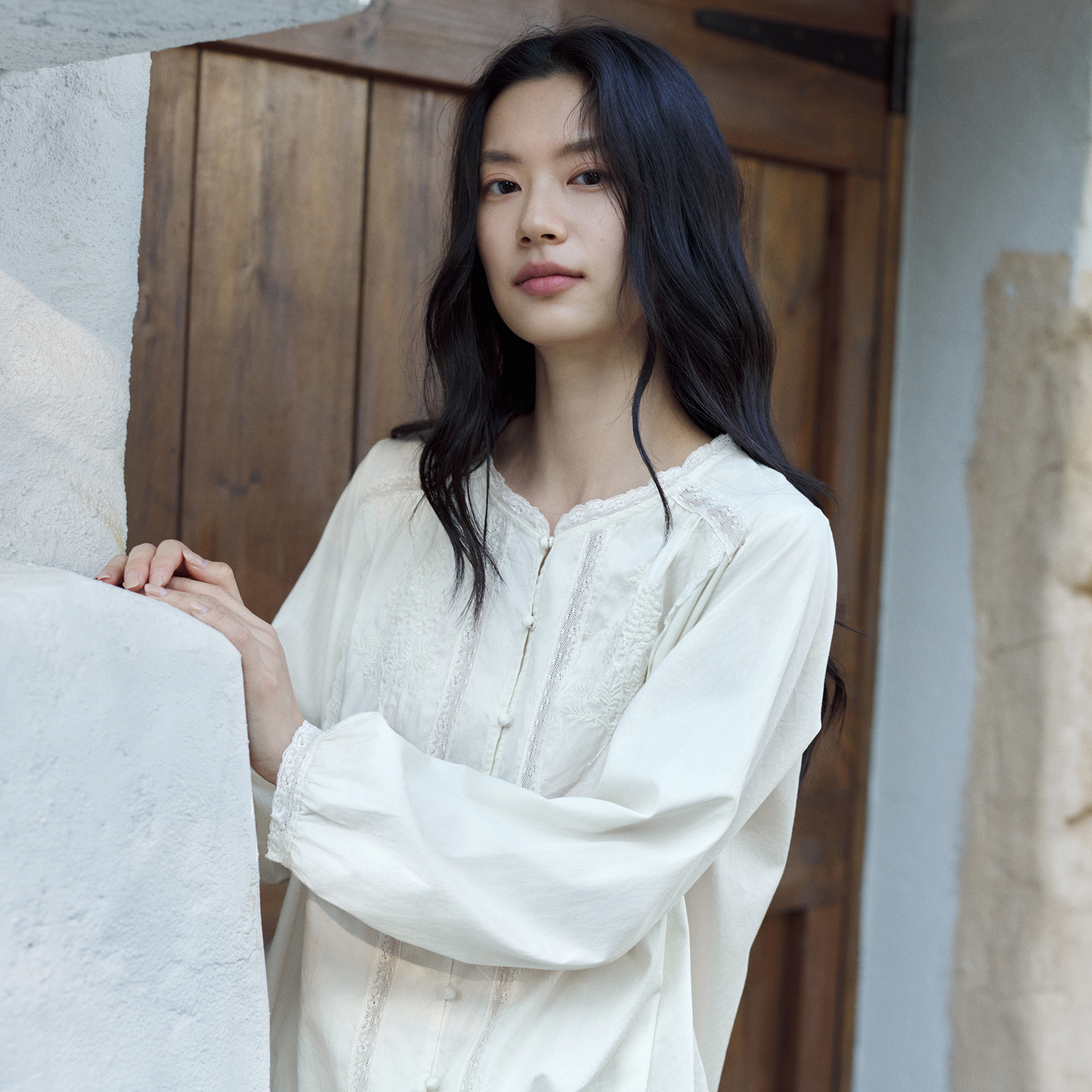 TALASA Cotton Lace Tie Blouse · Tassel Tie Neck