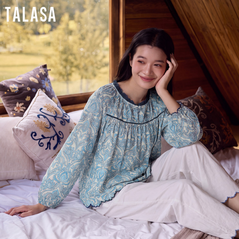 TALASA Printed Pajama Top, 100% Cotton, Long Sleeve Loose Loungewear
