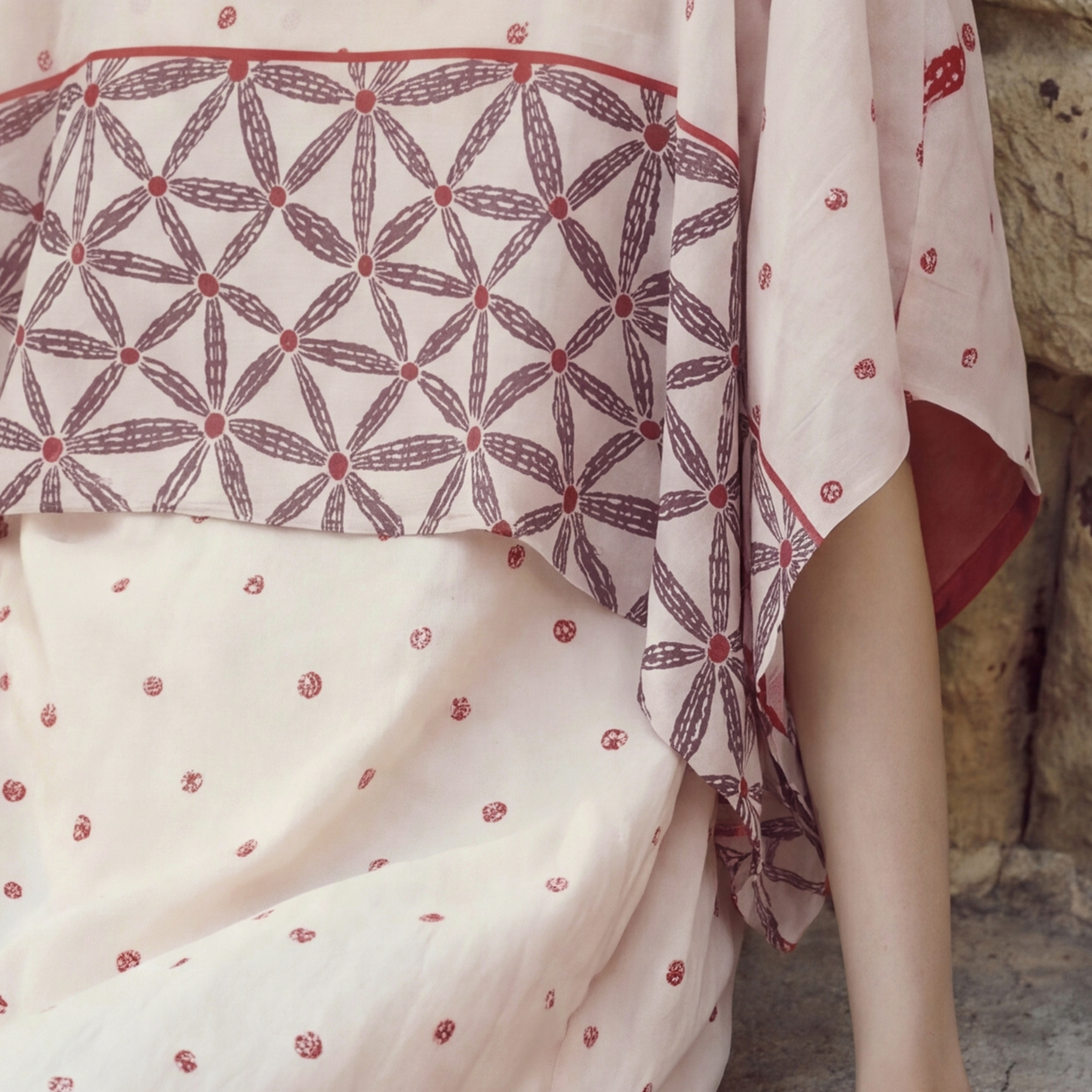 TALASA Silk-Cotton Nightgown · Geometric Cape · Red Pin Dot
