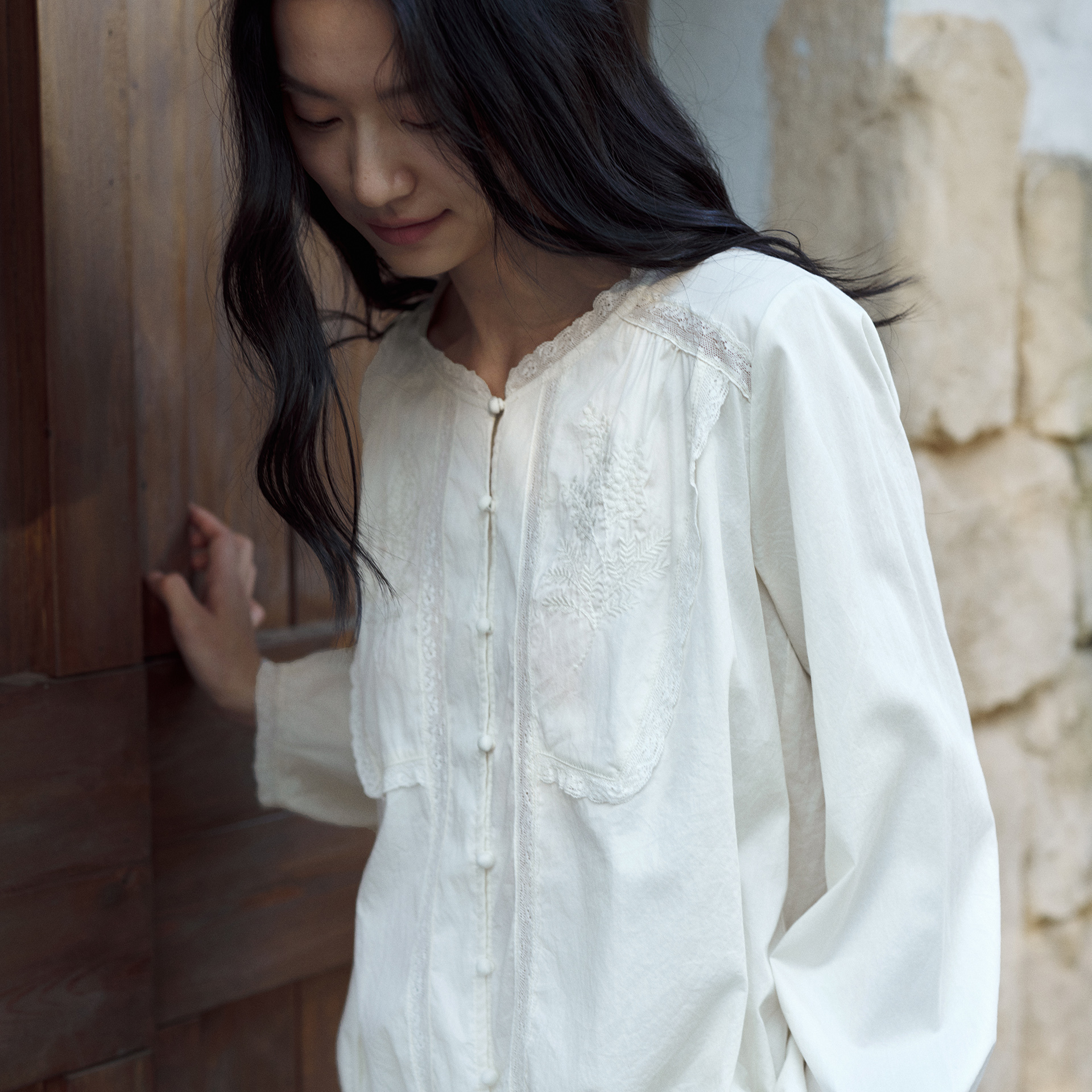 TALASA Cotton Lace Tie Blouse · Tassel Tie Neck