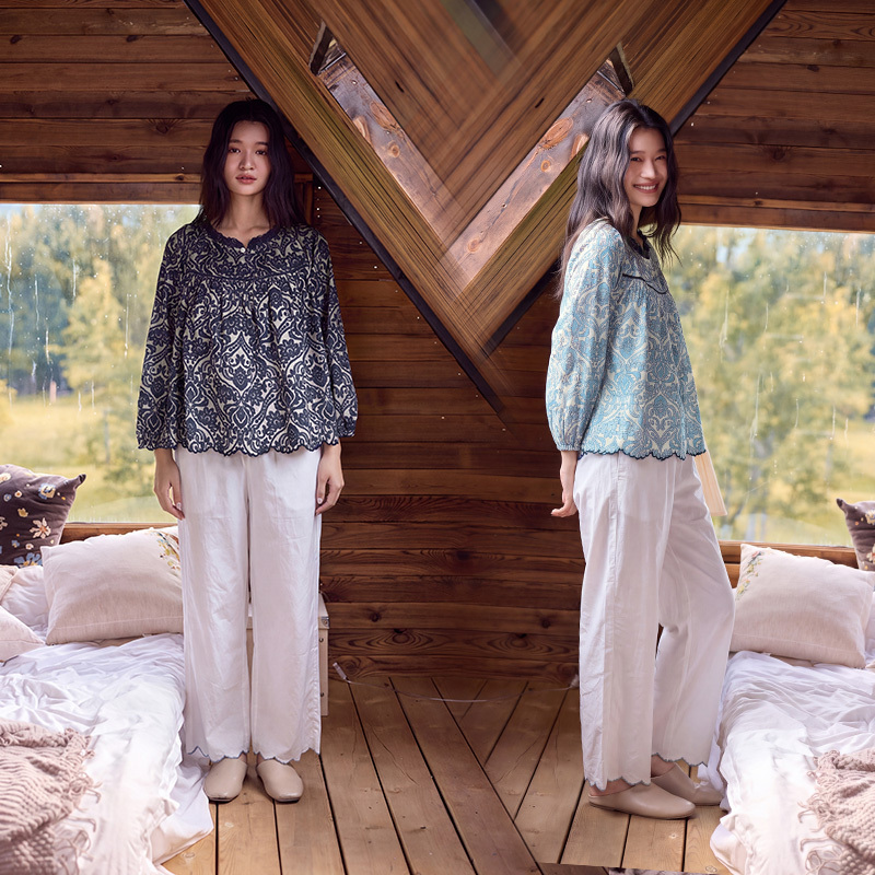 TALASA Printed Pajama Top, 100% Cotton, Long Sleeve Loose Loungewear
