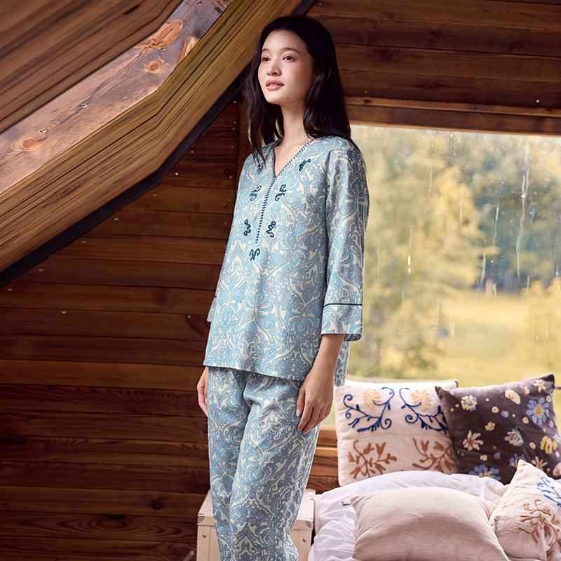 TALASA 100% Cotton Sleep Tee, Green-Blue Paisley Print with Embroidery