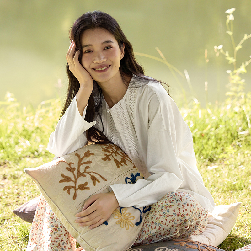 TALASA 100% Cotton Pintuck Lace Insert V-Neck Blouse