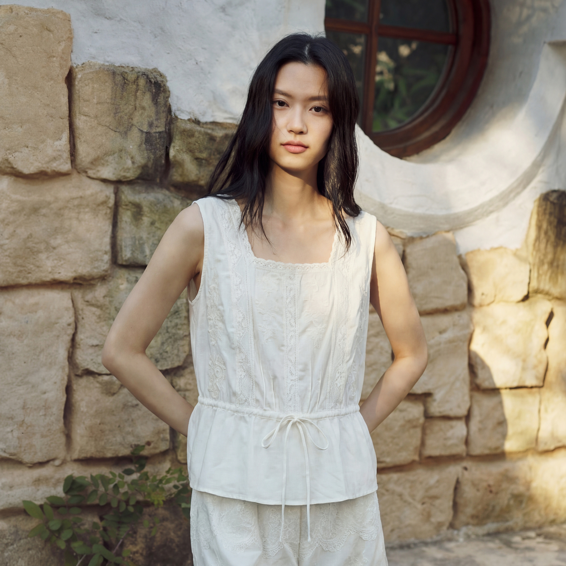 TALASA Cotton Voile Peplum Top · Square Neck · Scalloped Lace