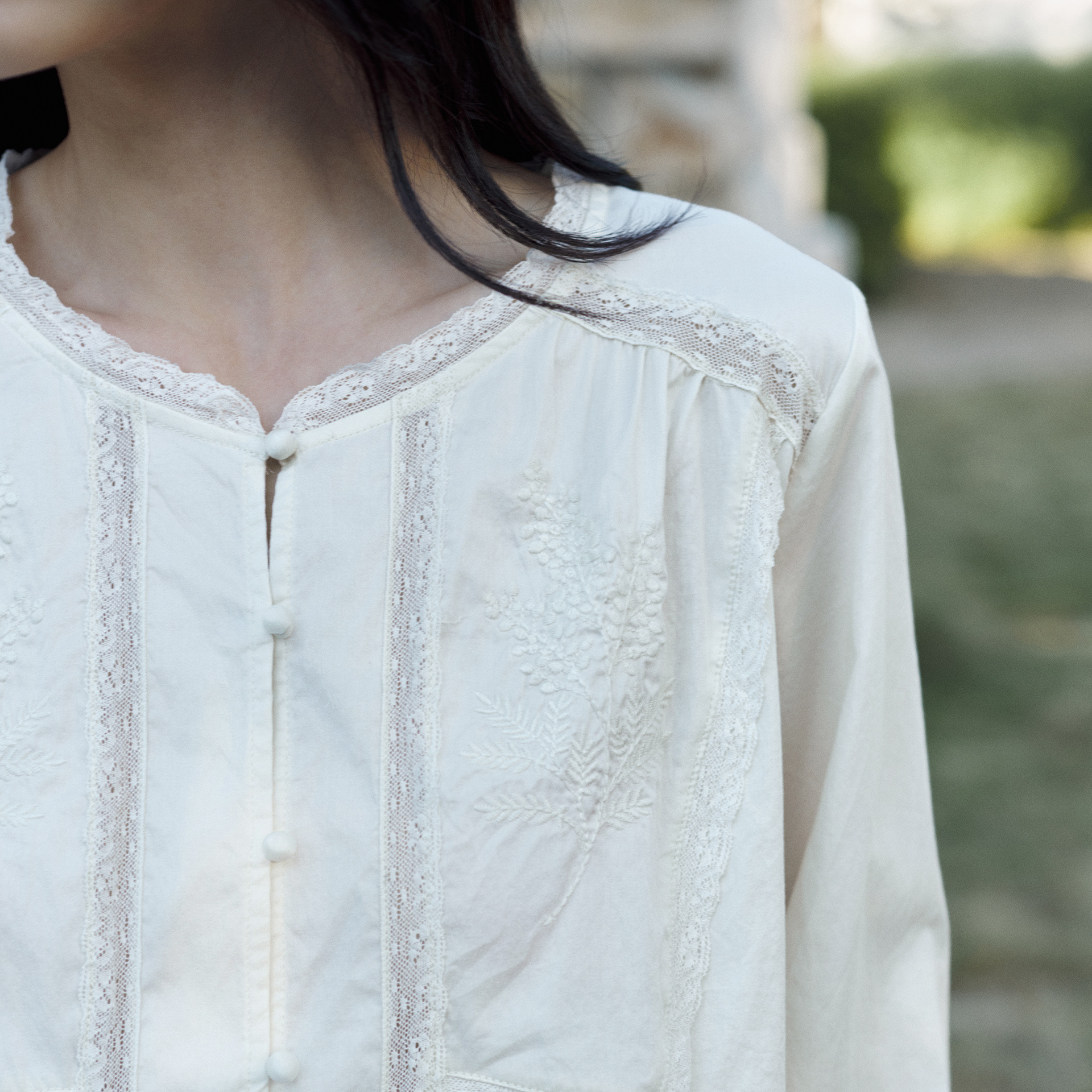 TALASA Cotton Lace Tie Blouse · Tassel Tie Neck