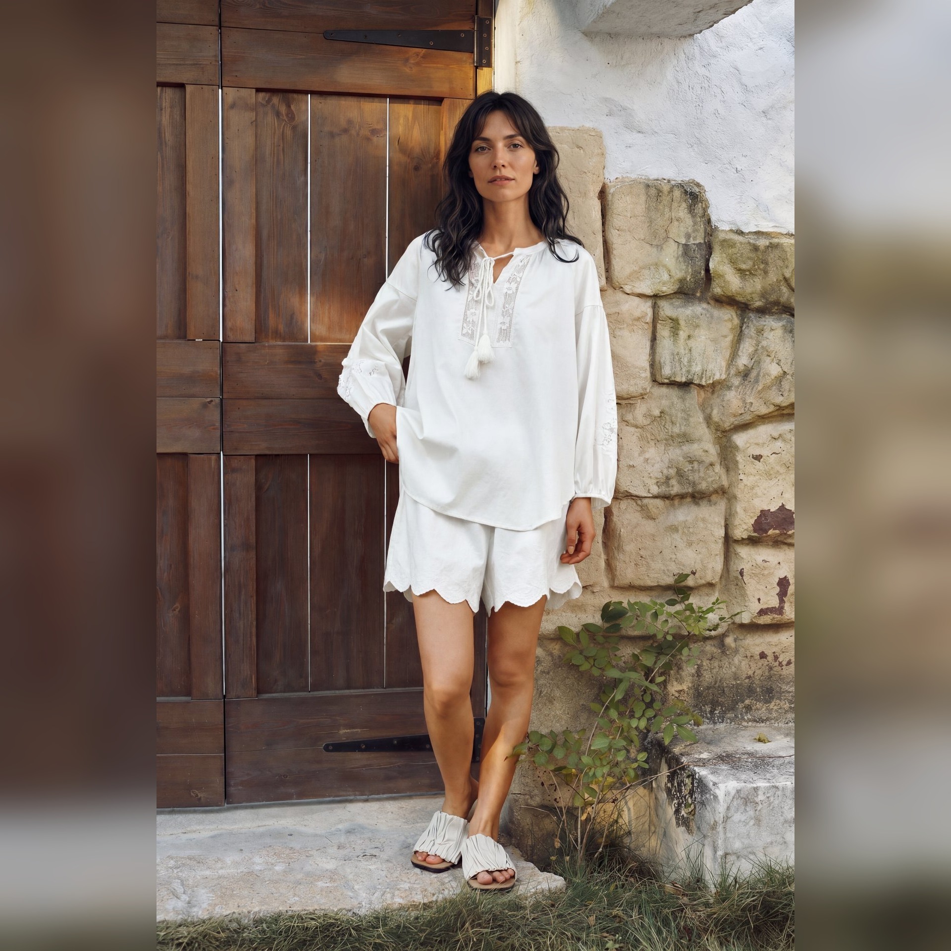 TALASA Cotton Sleep Shorts · Scalloped Embroidery