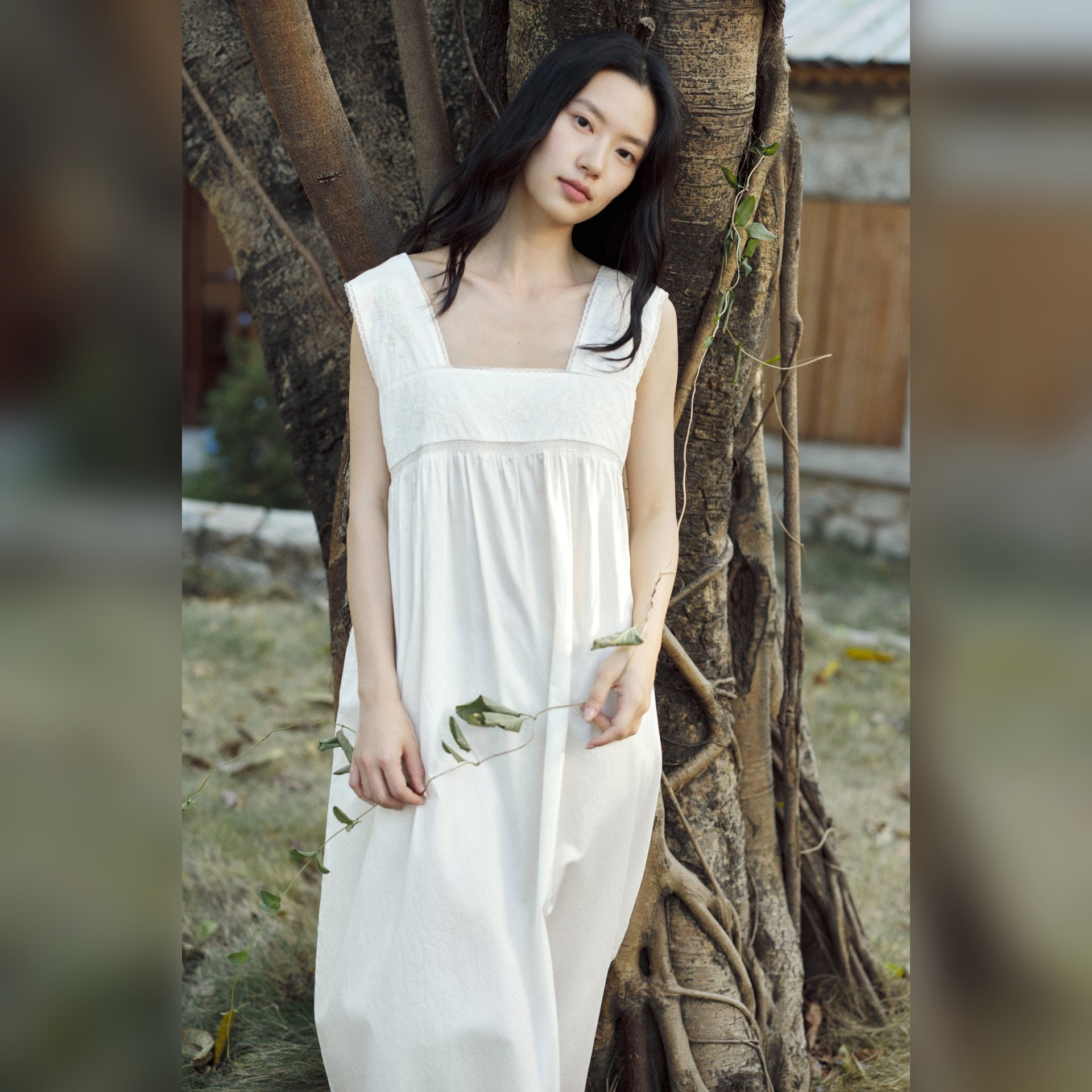 TALASA Square Neck Lace Yoke Cotton Nightdress · Soft White · Ankle Length
