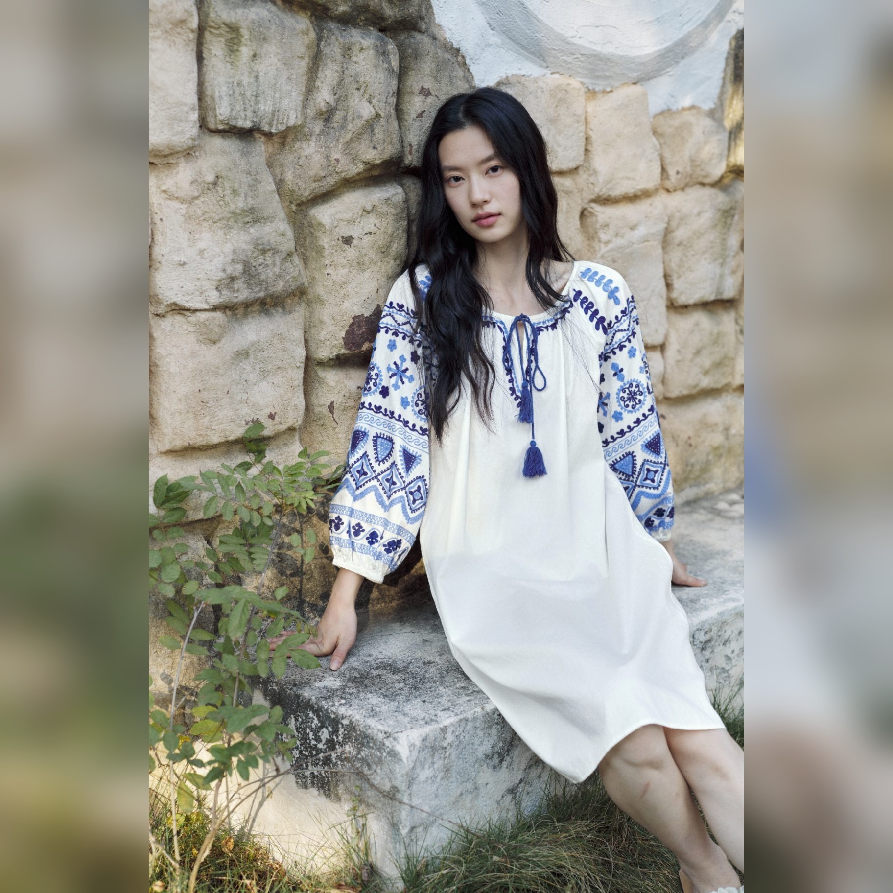 TALASA Folk Embroidered Cotton Nightgown · Tassel Tie · Blouson Sleeve · Knee Length