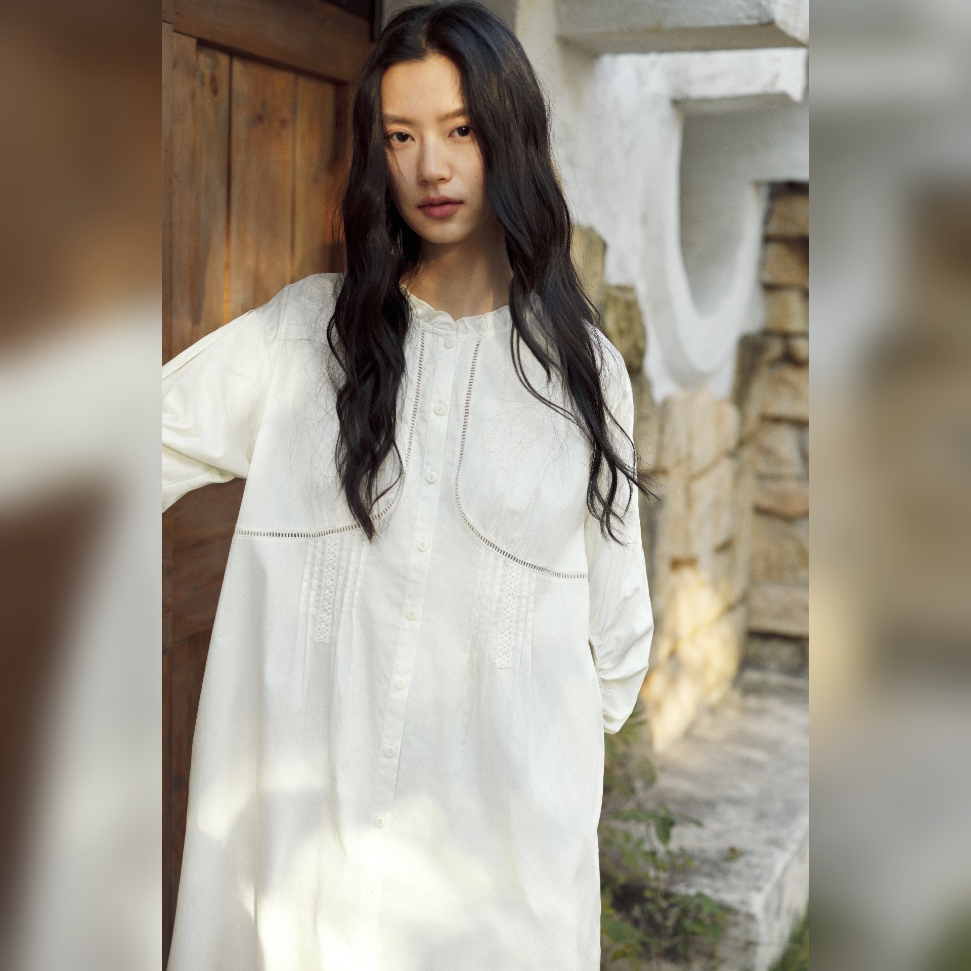 TALASA Cotton Nightshirt · Band Collar · Pintuck · Midi
