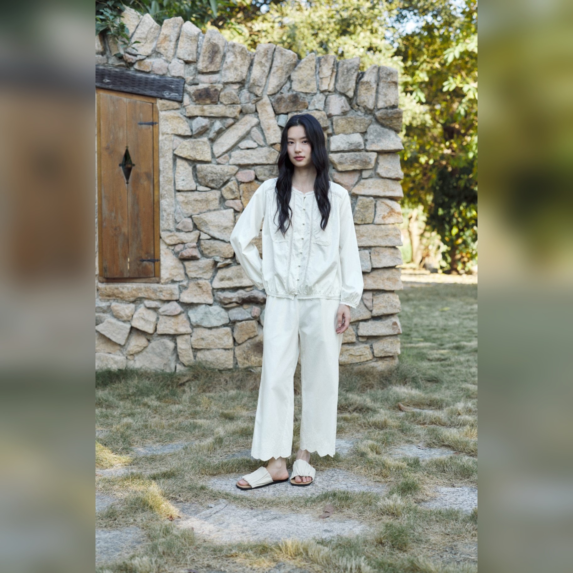 TALASA Cotton Lace Tie Blouse · Tassel Tie Neck