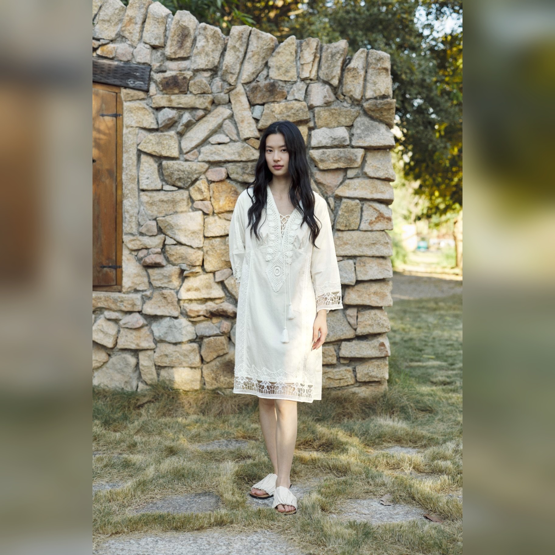 TALASA Cotton Caftan · Lace-Up V Neck · Openwork Lace
