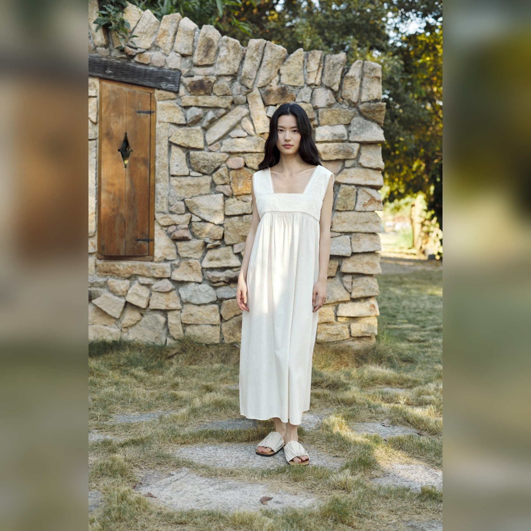 TALASA Square Neck Lace Yoke Cotton Nightdress · Soft White · Ankle Length