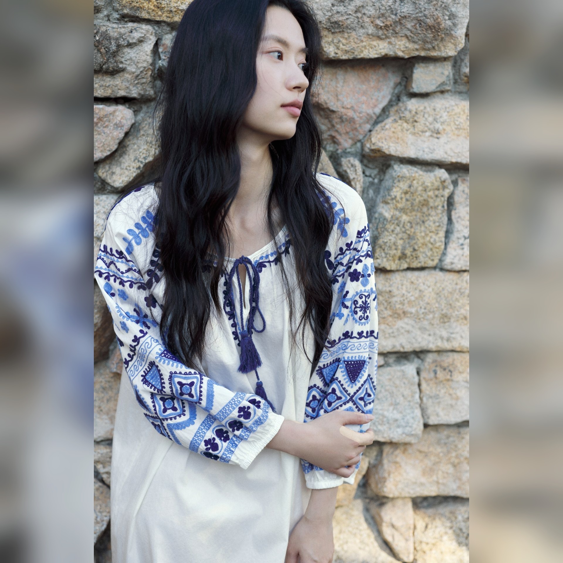 TALASA Folk Embroidered Cotton Nightgown · Tassel Tie · Blouson Sleeve · Knee Length