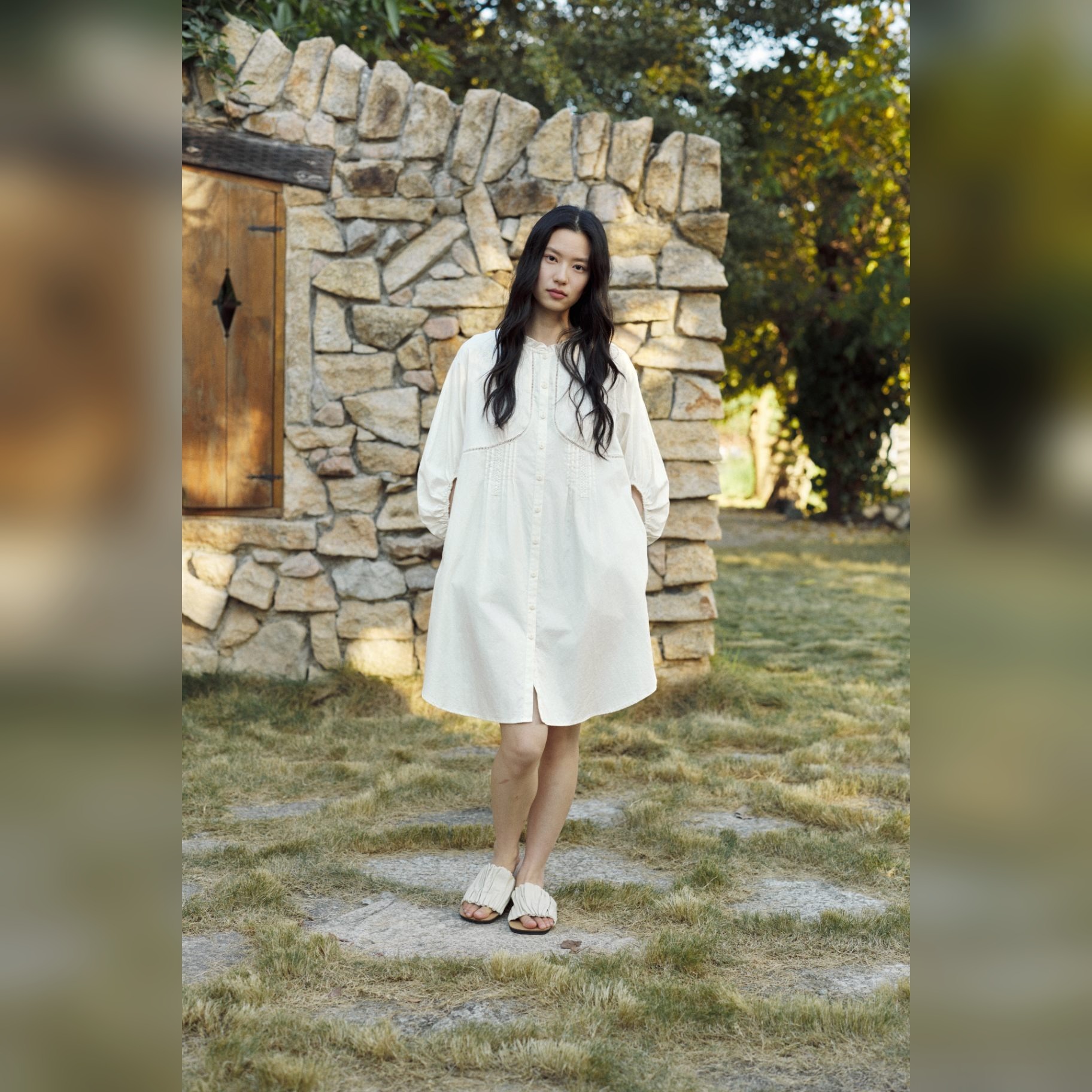 TALASA Cotton Nightshirt · Band Collar · Pintuck · Midi