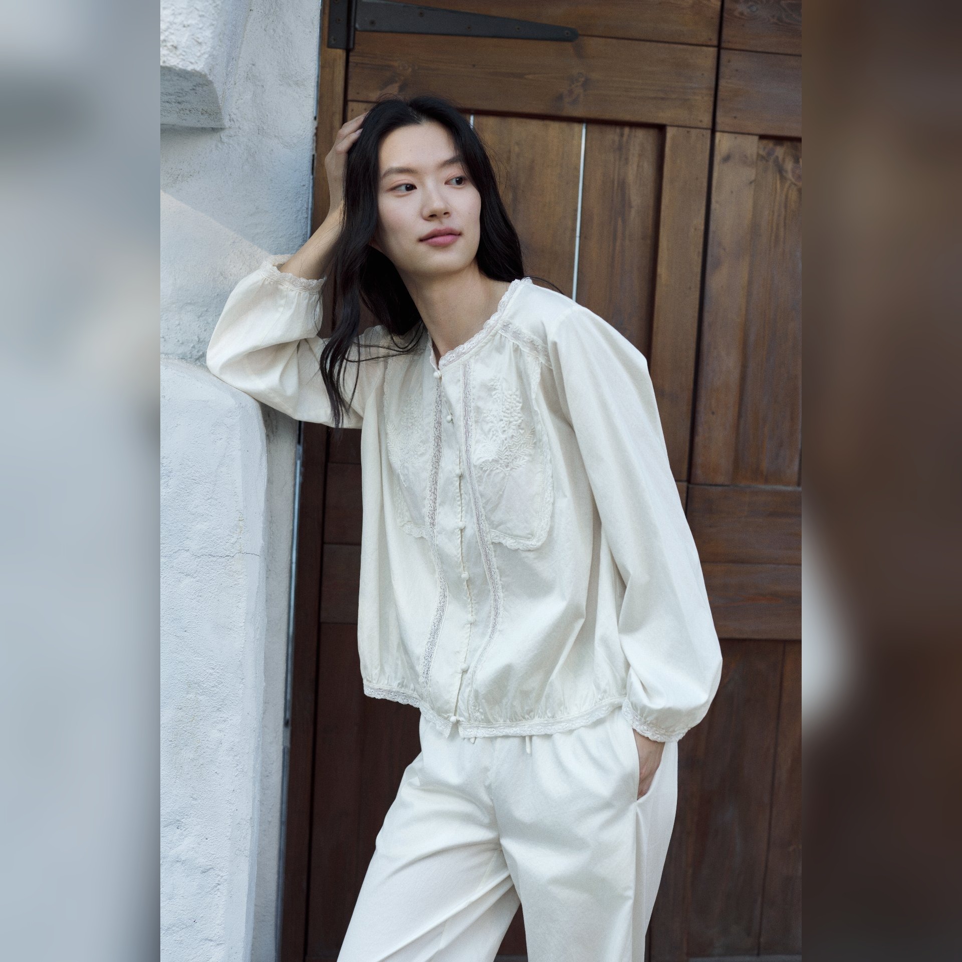 TALASA Cotton Lace Tie Blouse · Tassel Tie Neck