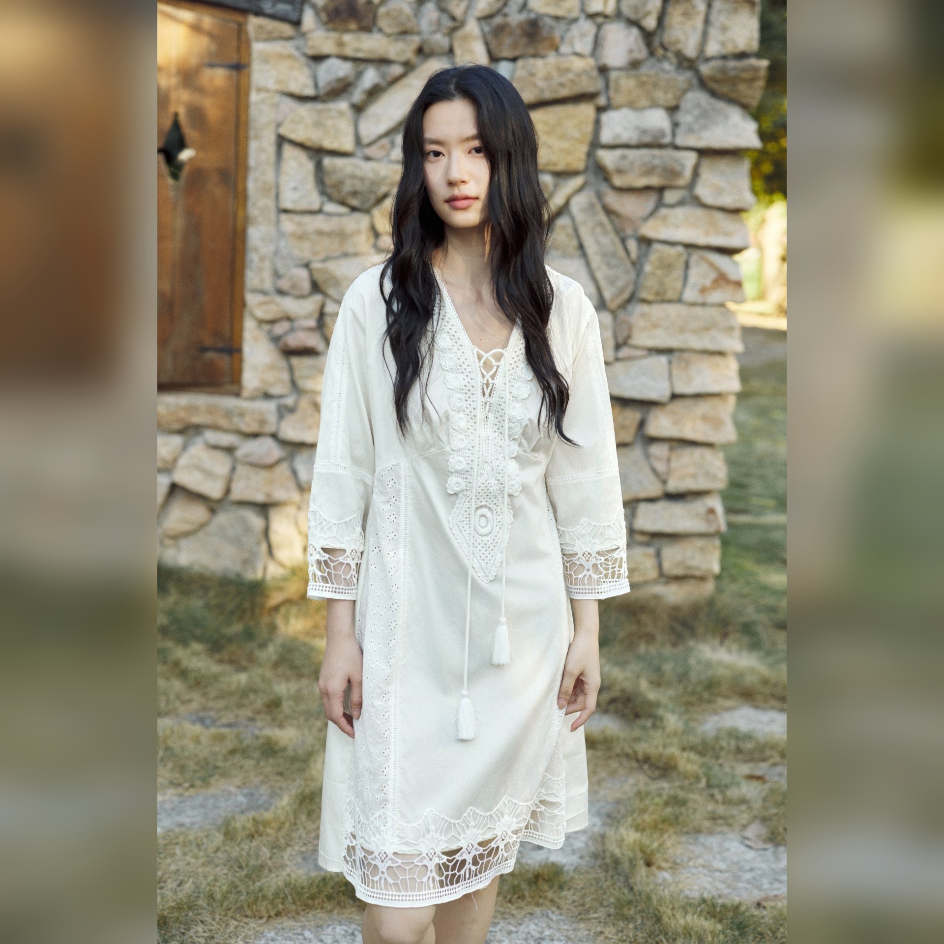 TALASA Cotton Caftan · Lace-Up V Neck · Openwork Lace