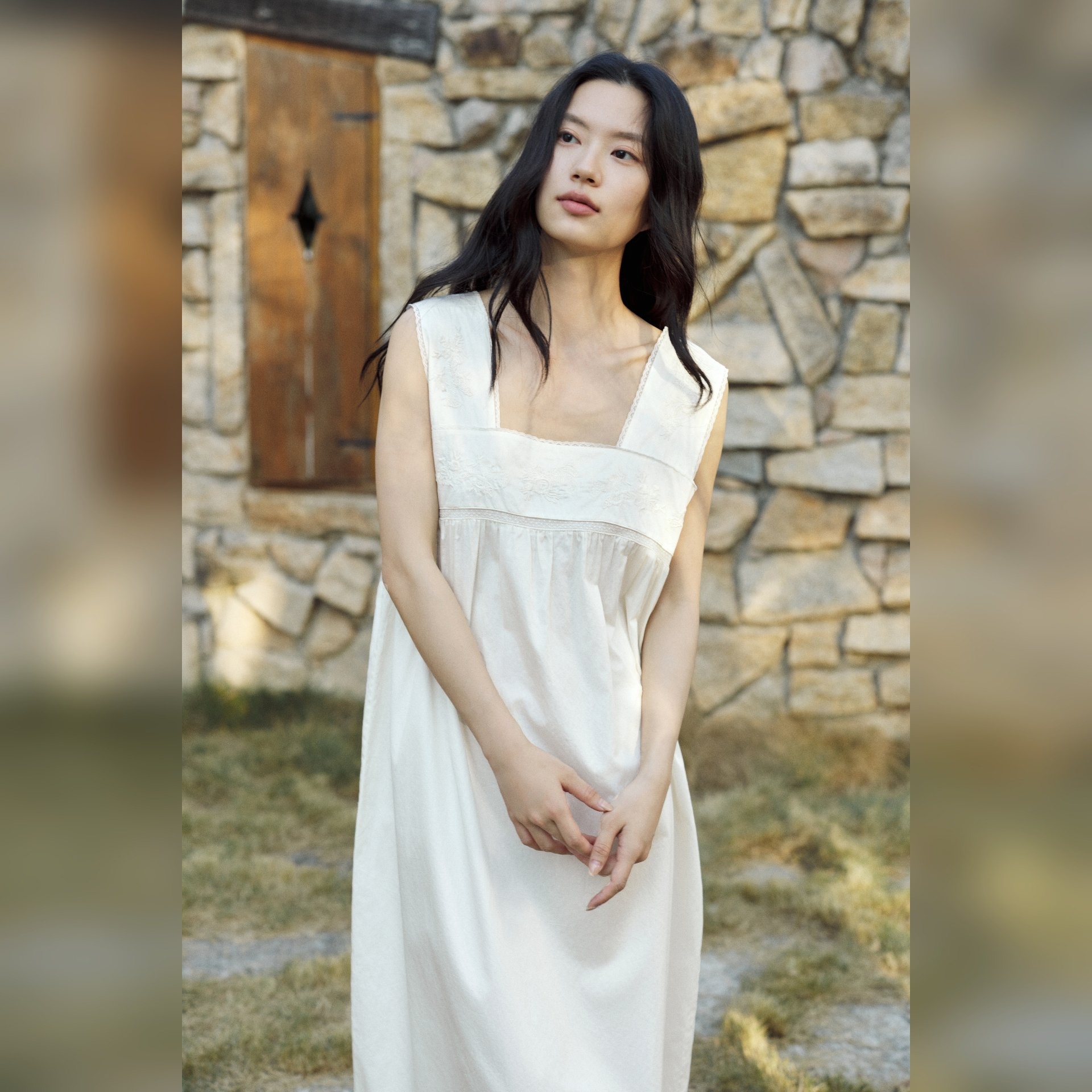 TALASA Square Neck Lace Yoke Cotton Nightdress · Soft White · Ankle Length