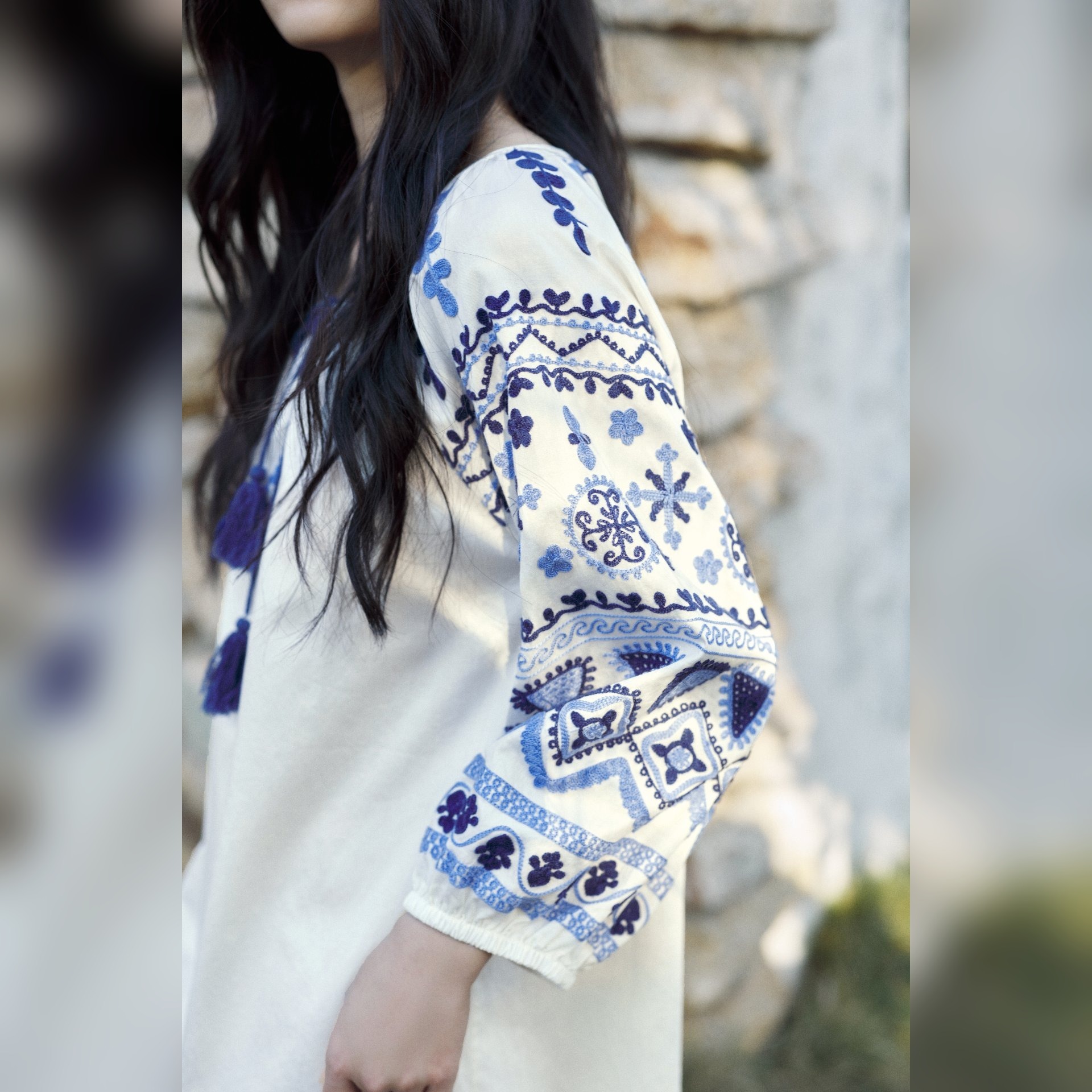 TALASA Folk Embroidered Cotton Nightgown · Tassel Tie · Blouson Sleeve · Knee Length
