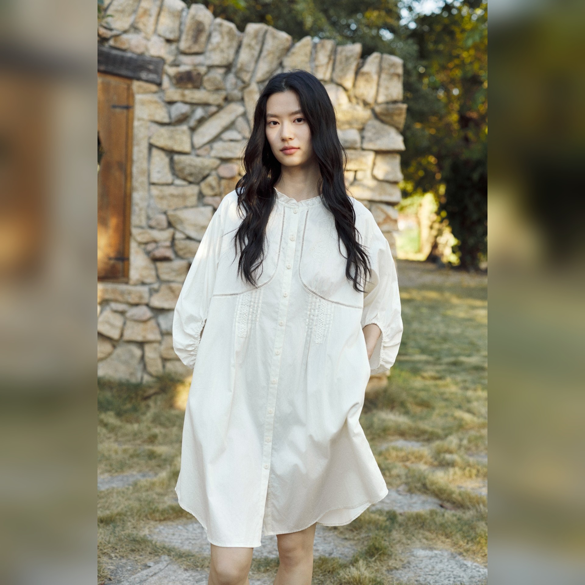 TALASA Cotton Nightshirt · Band Collar · Pintuck · Midi