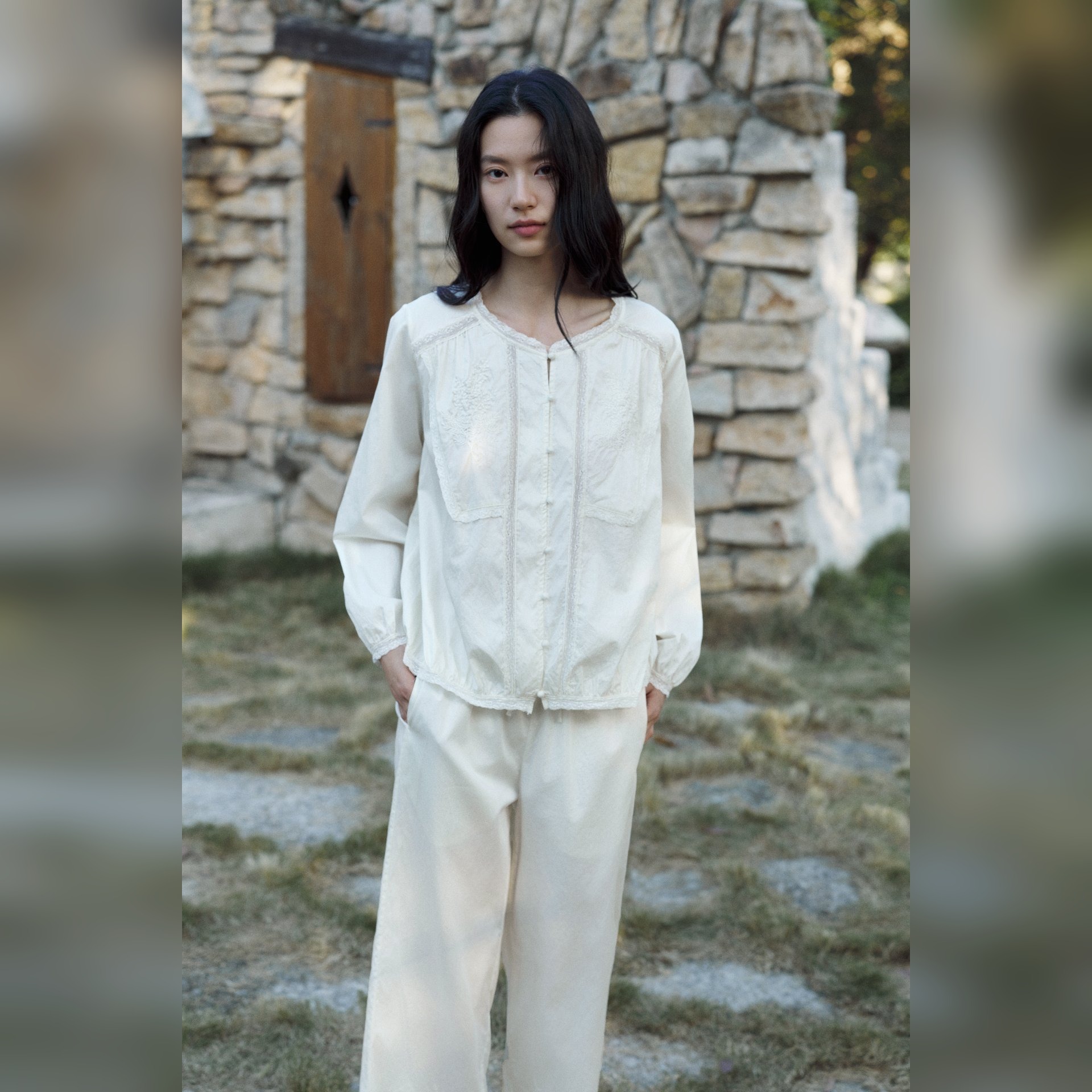 TALASA Cotton Lace Tie Blouse · Tassel Tie Neck