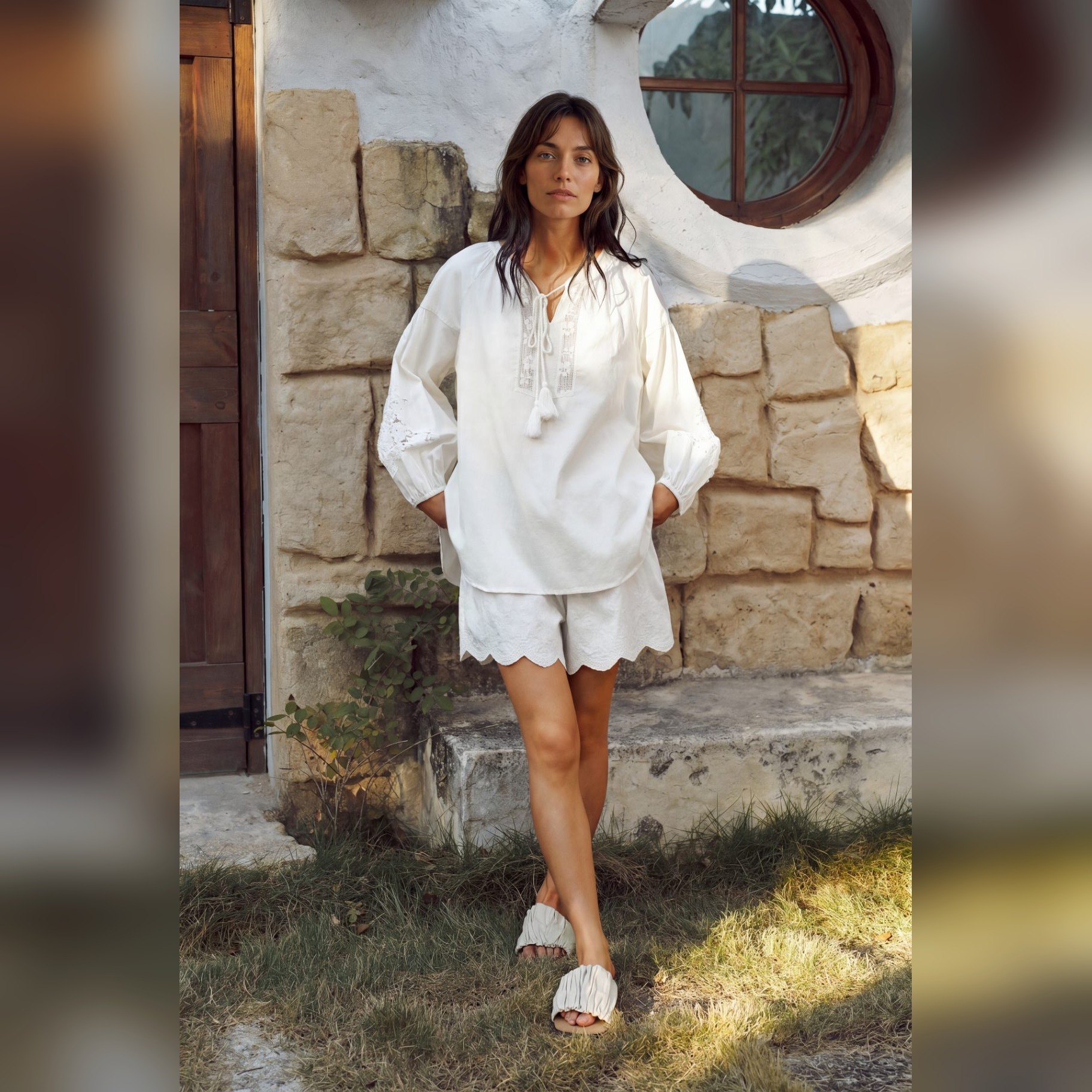 TALASA Cotton Sleep Shorts · Scalloped Embroidery