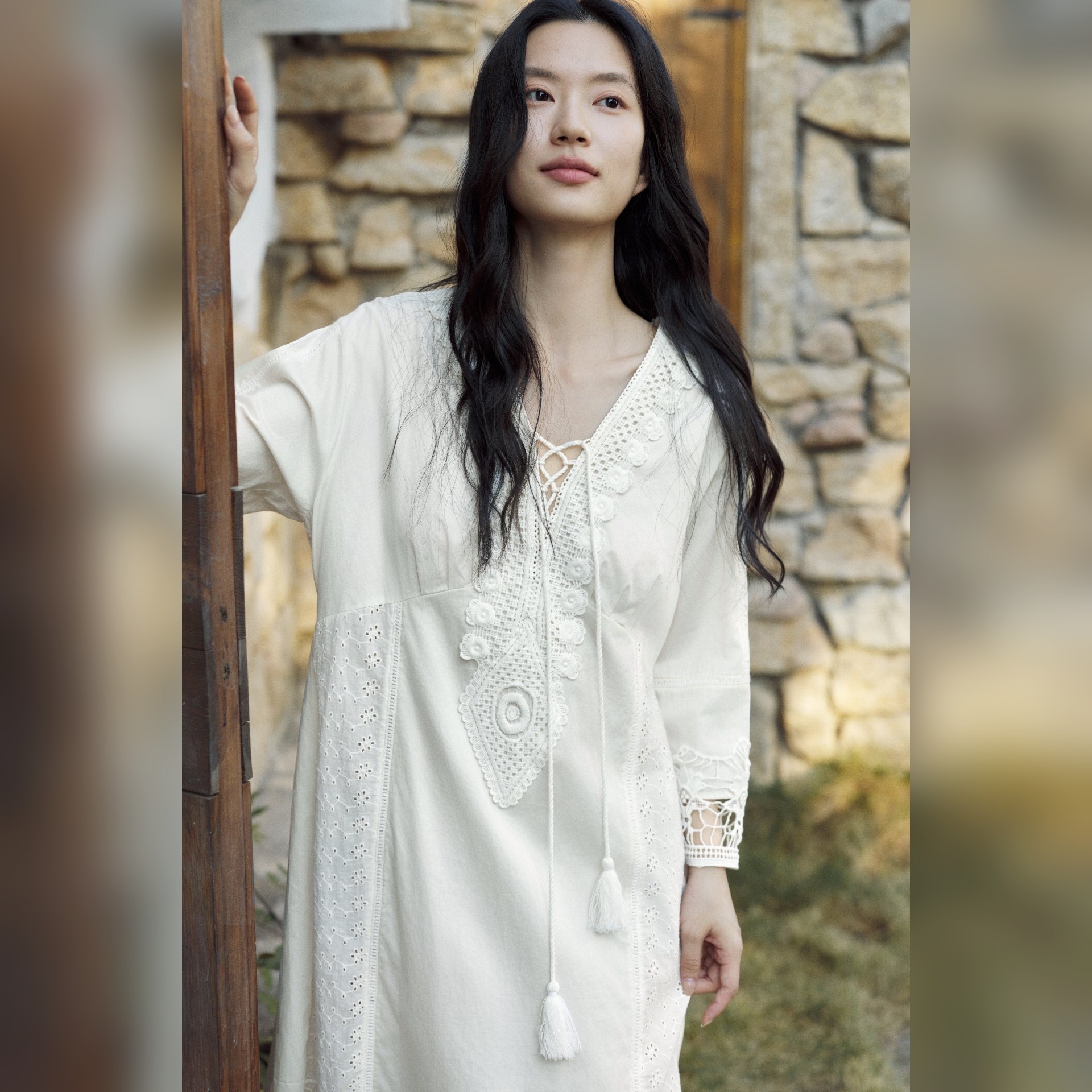 TALASA Cotton Caftan · Lace-Up V Neck · Openwork Lace