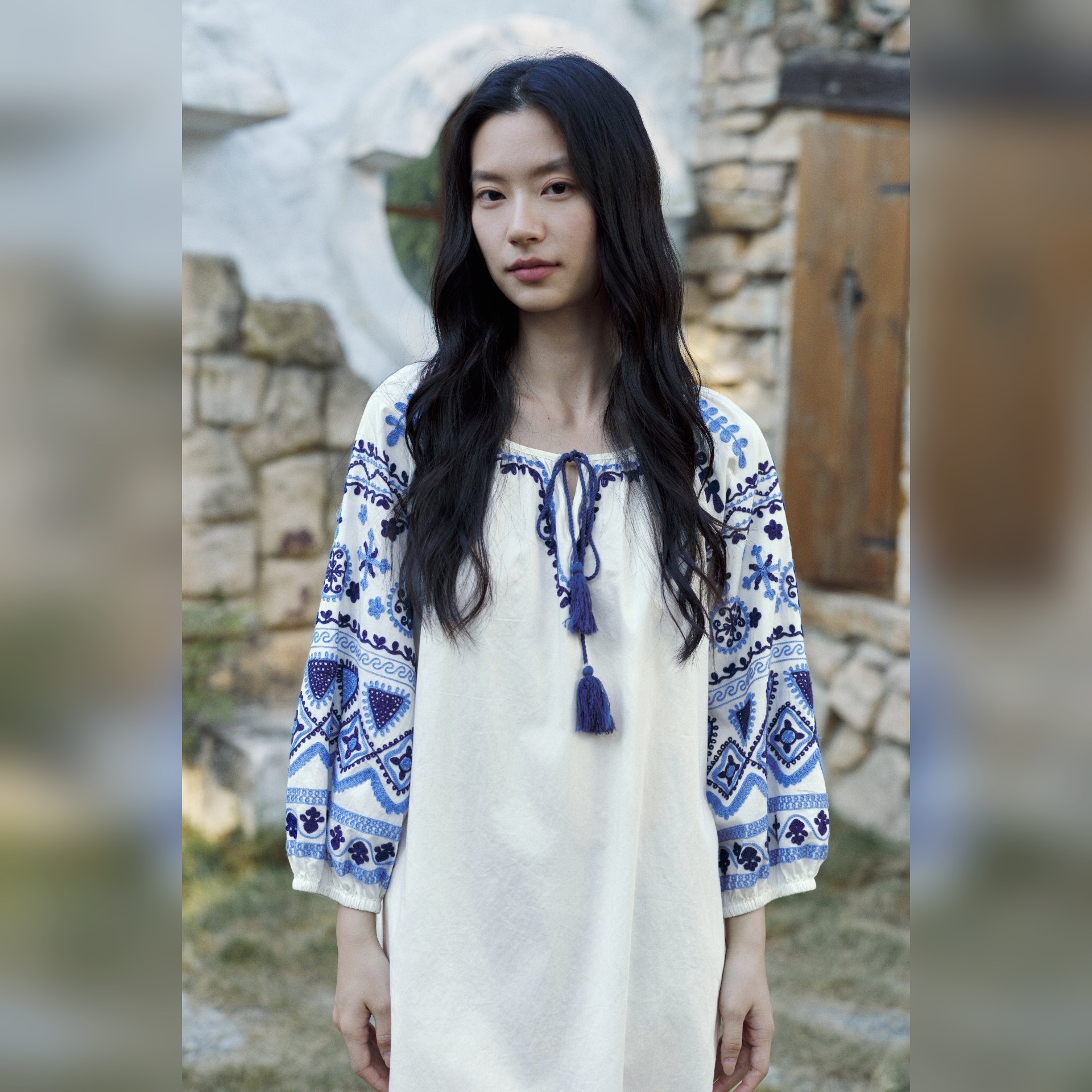 TALASA Folk Embroidered Cotton Nightgown · Tassel Tie · Blouson Sleeve · Knee Length