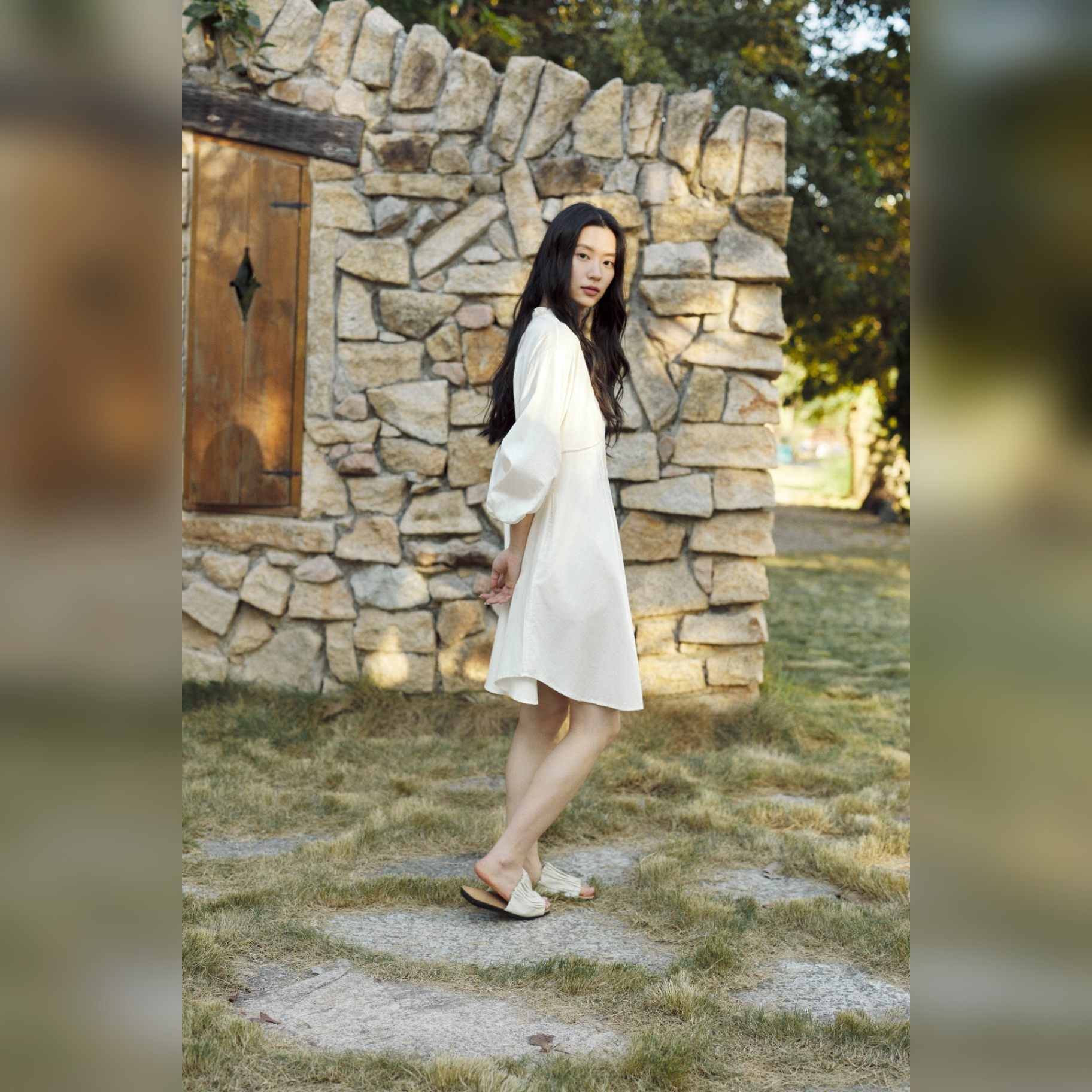 TALASA Cotton Nightshirt · Band Collar · Pintuck · Midi