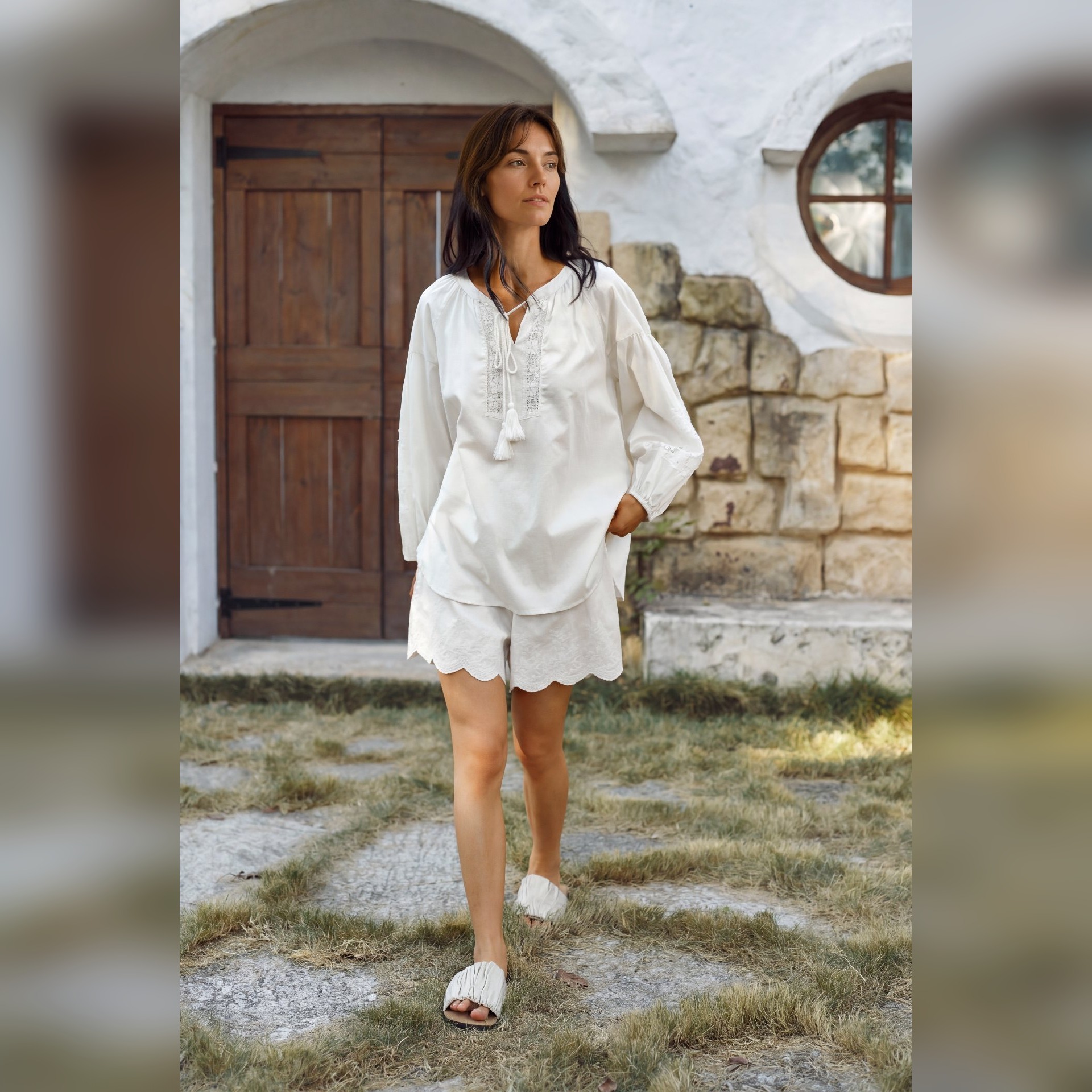 TALASA Cotton Sleep Shorts · Scalloped Embroidery