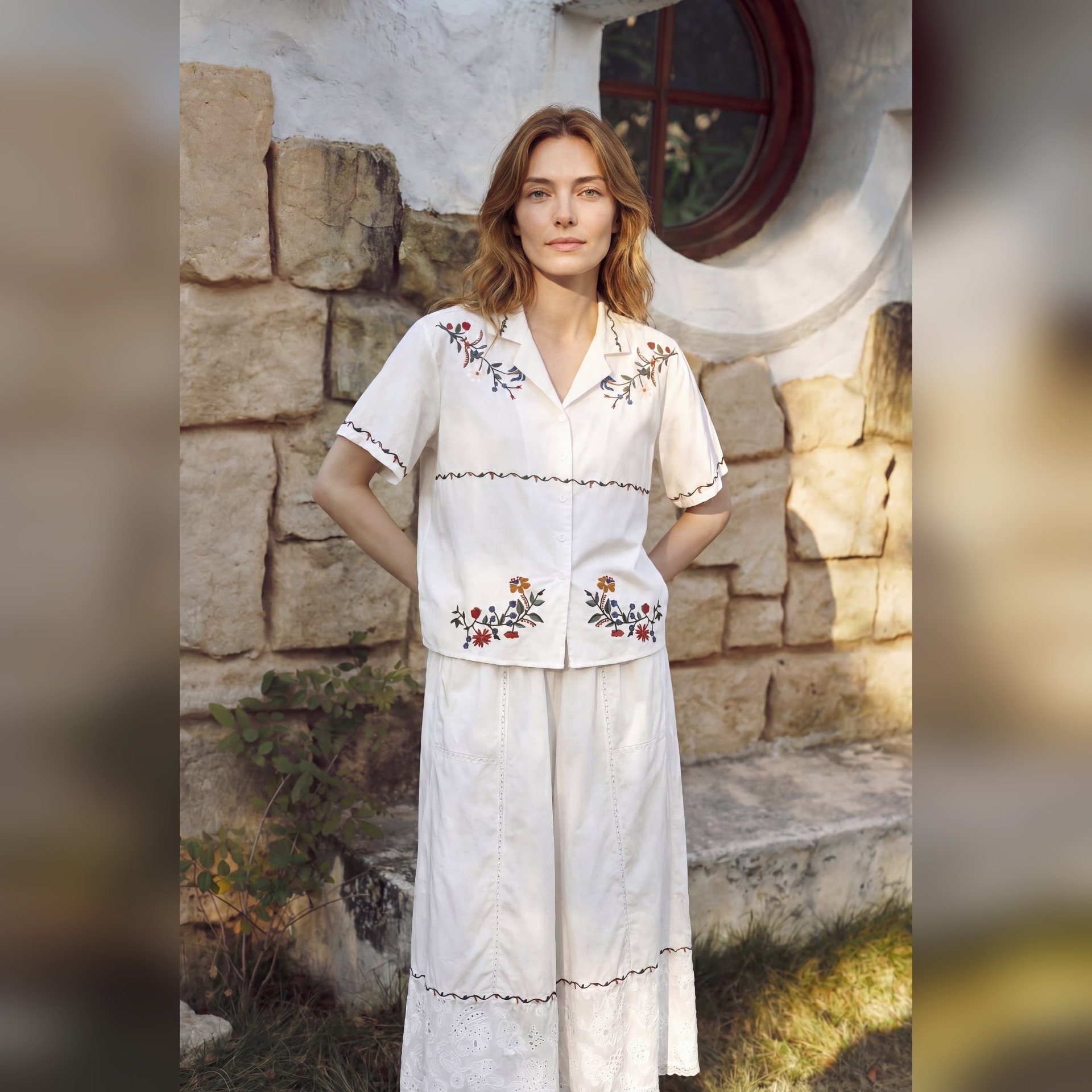 TALASA Cotton Embroidered Pajama Set · Eyelet Lace Hem · High-Waist Wide-Leg Pants