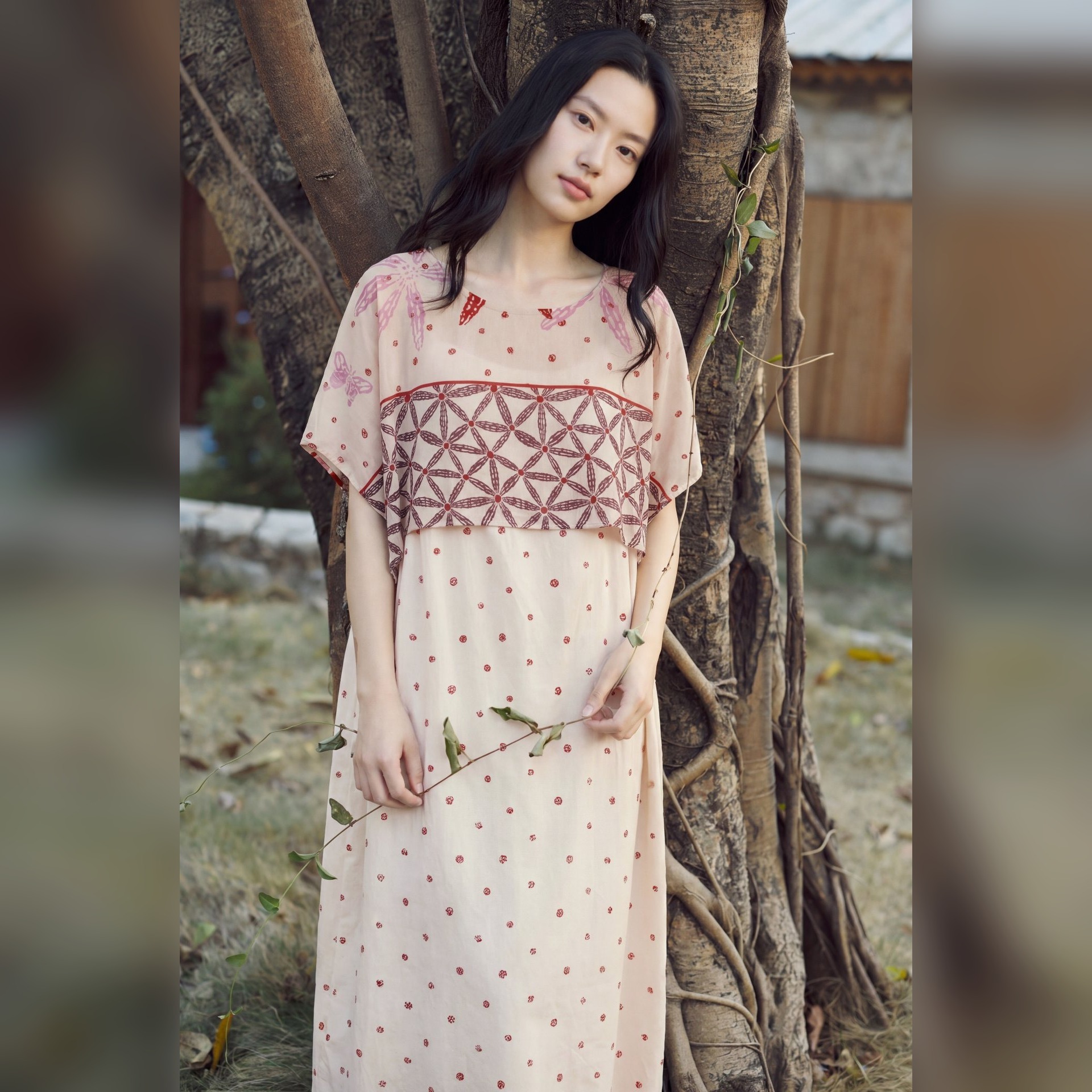 TALASA Silk-Cotton Nightgown · Geometric Cape · Red Pin Dot