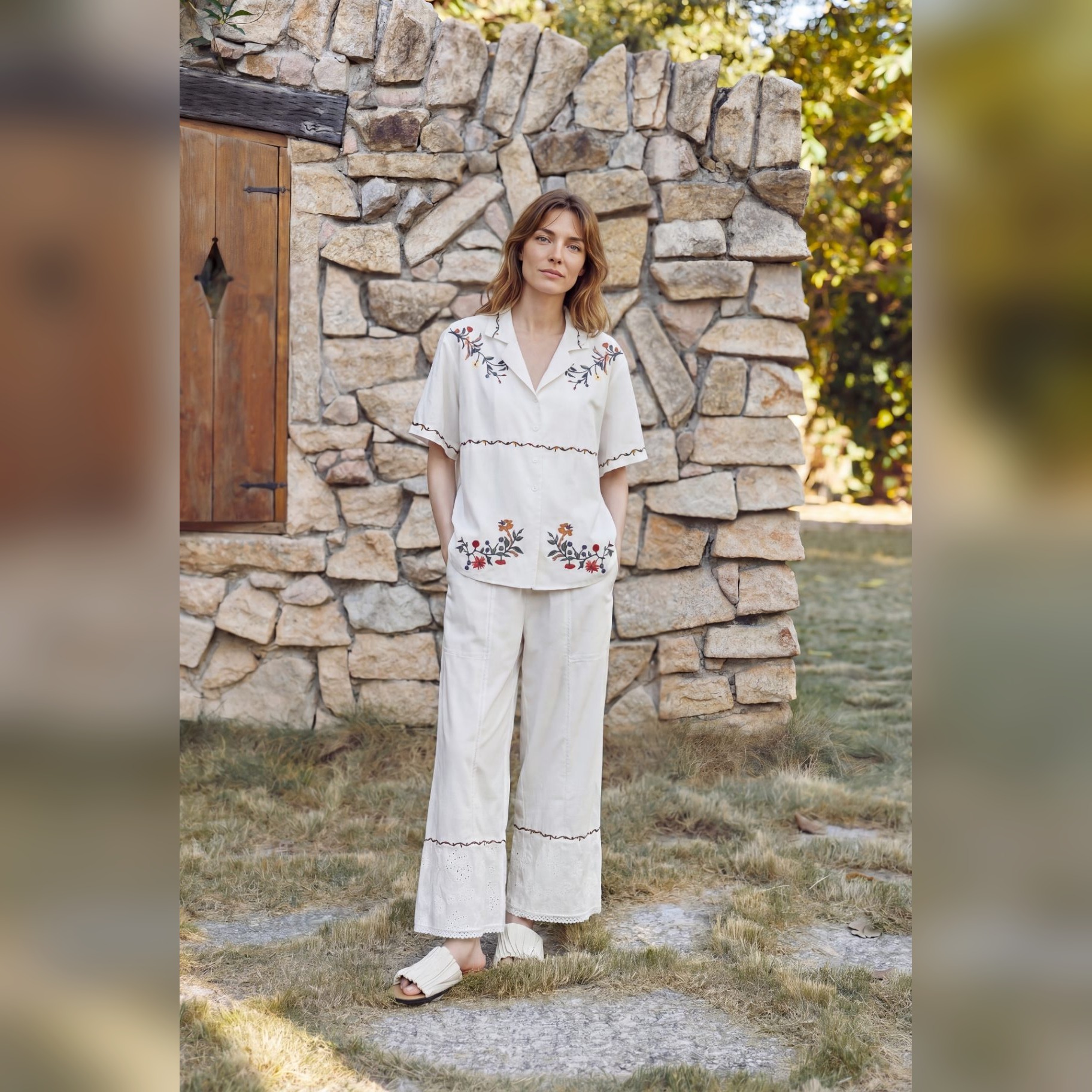 TALASA Cotton Embroidered Pajama Set · Eyelet Lace Hem · High-Waist Wide-Leg Pants